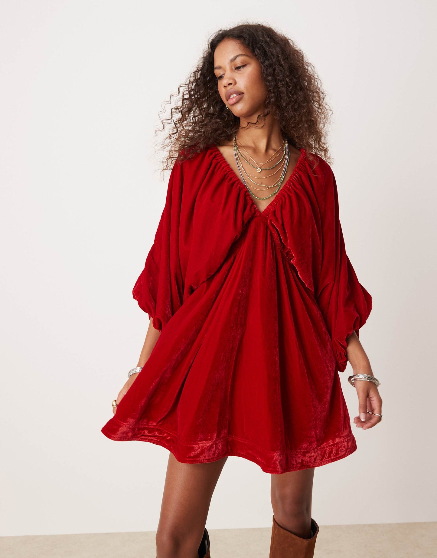 Free People velvet balloon sleeve mini dress in red