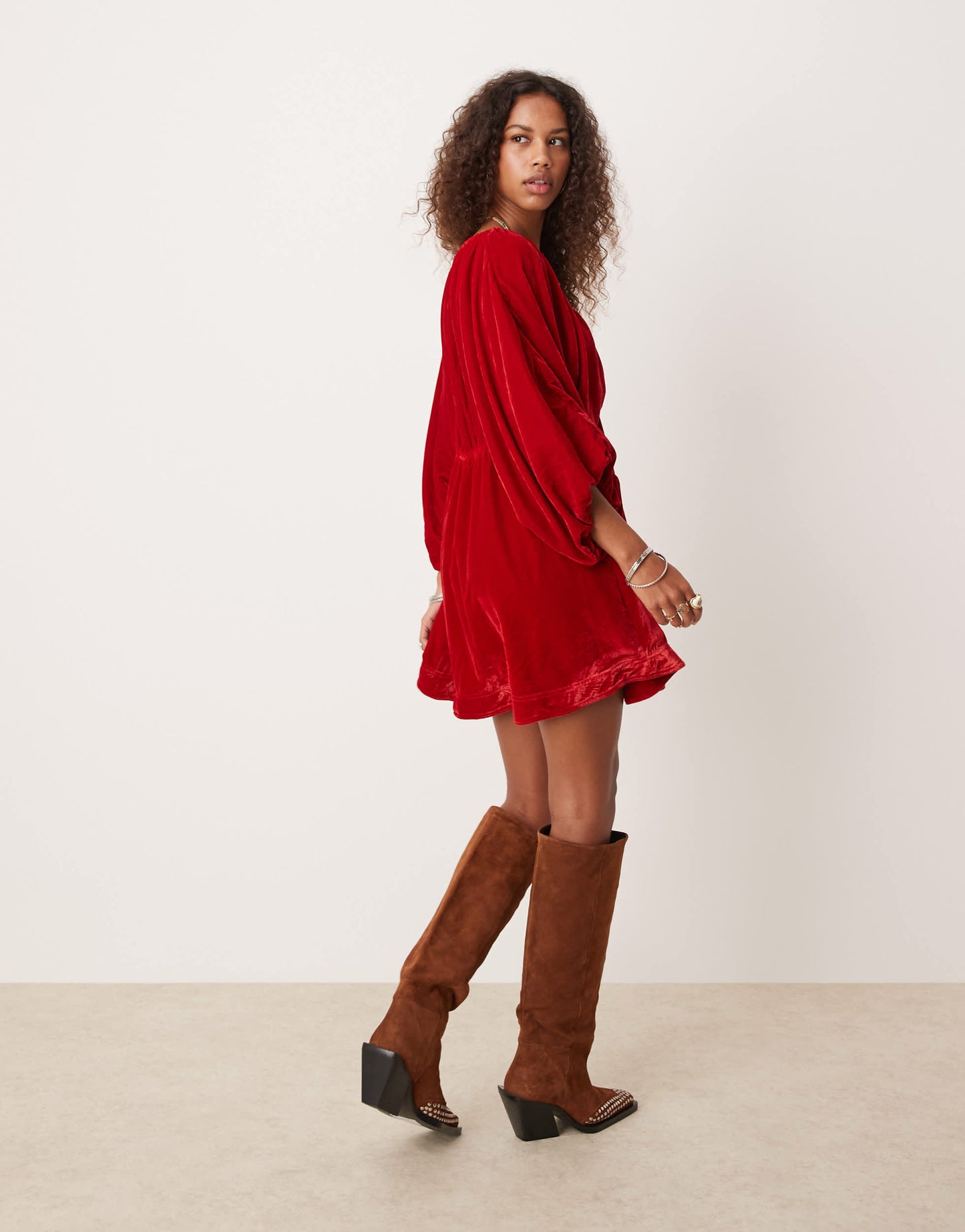Free People velvet balloon sleeve mini dress in red