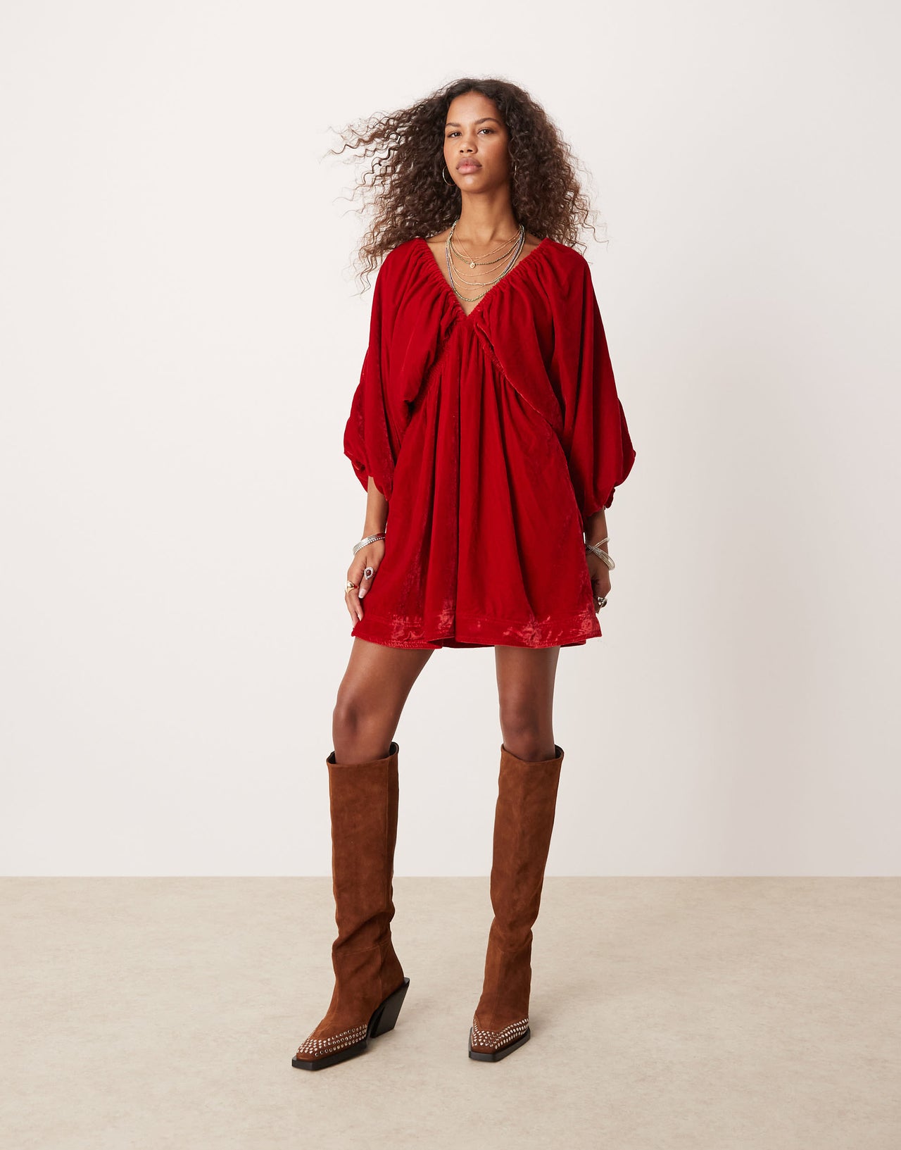 Free People velvet balloon sleeve mini dress in red