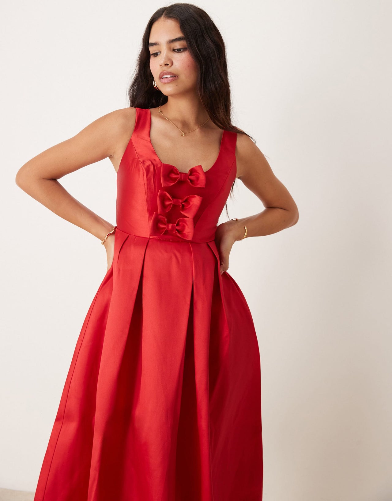 Nobody's Child structured satin midi dress with bow detail in red