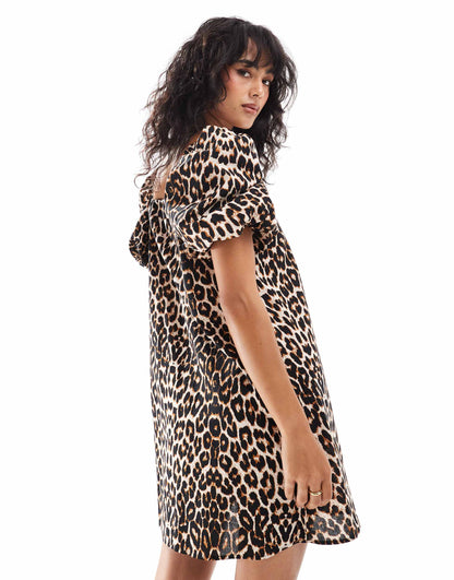 ASOS DESIGN volume sleeve mini dress in leopard print