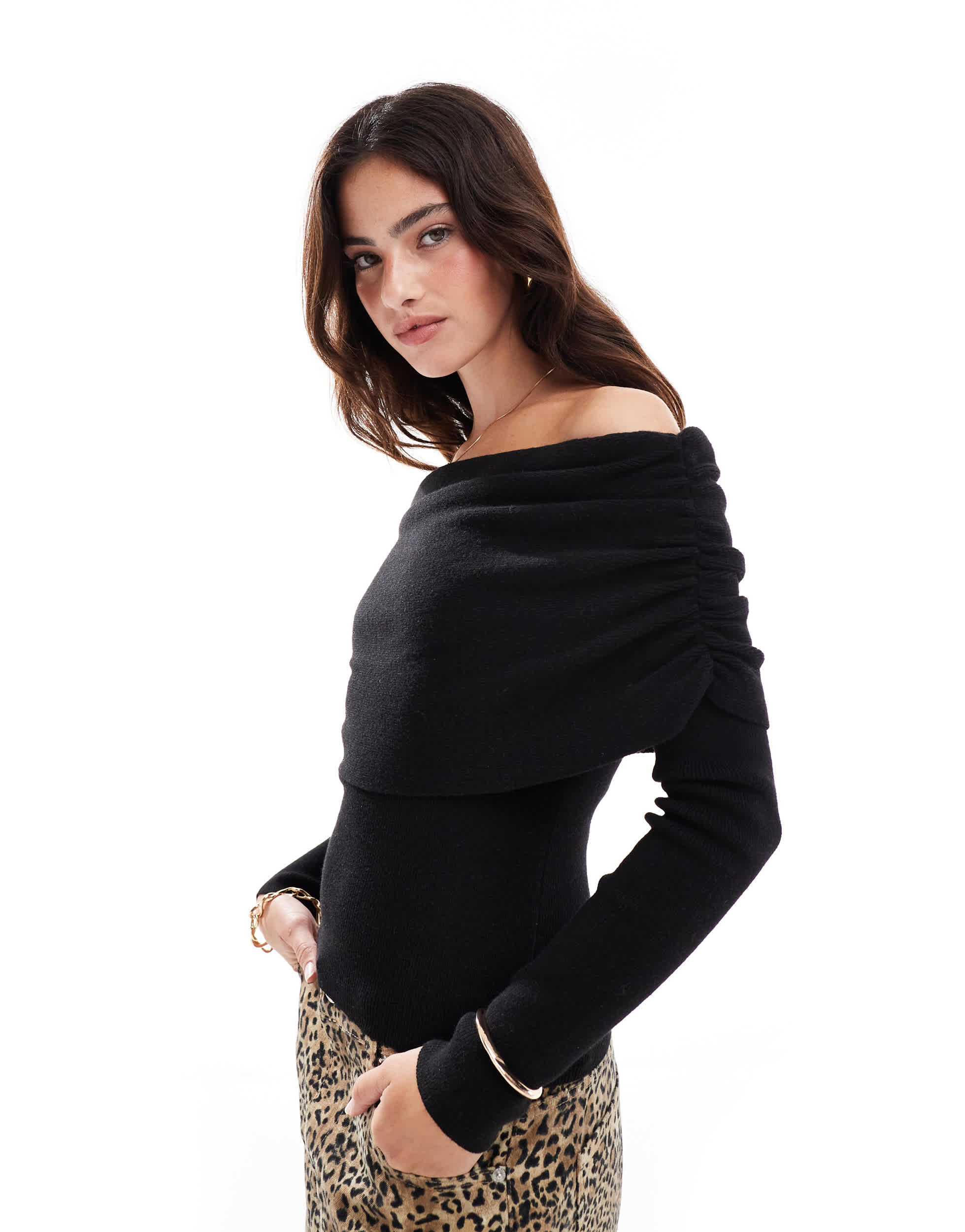 Cotton:On Everfine rib ruched off shoulder in black