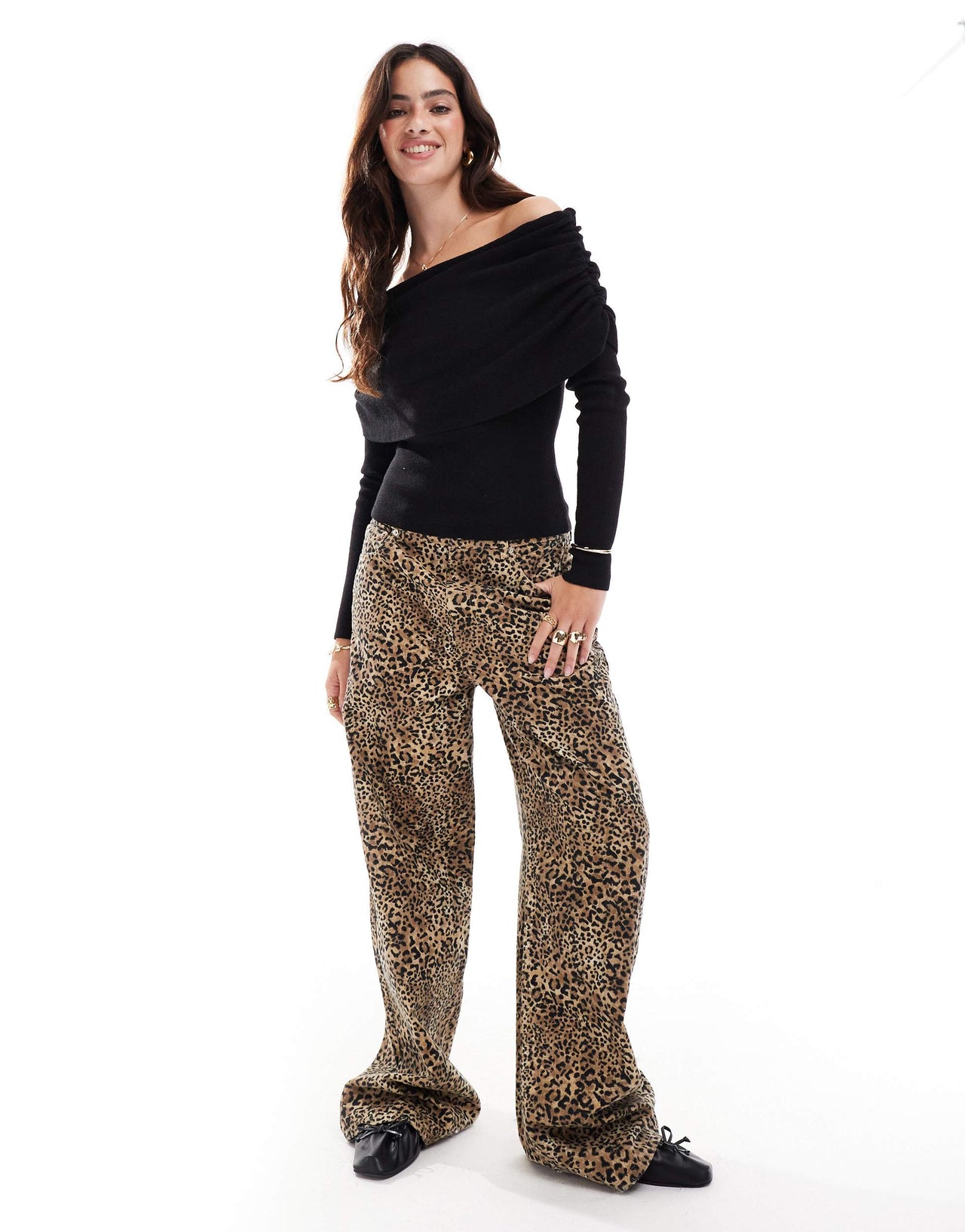 Cotton:On Everfine rib ruched off shoulder in black