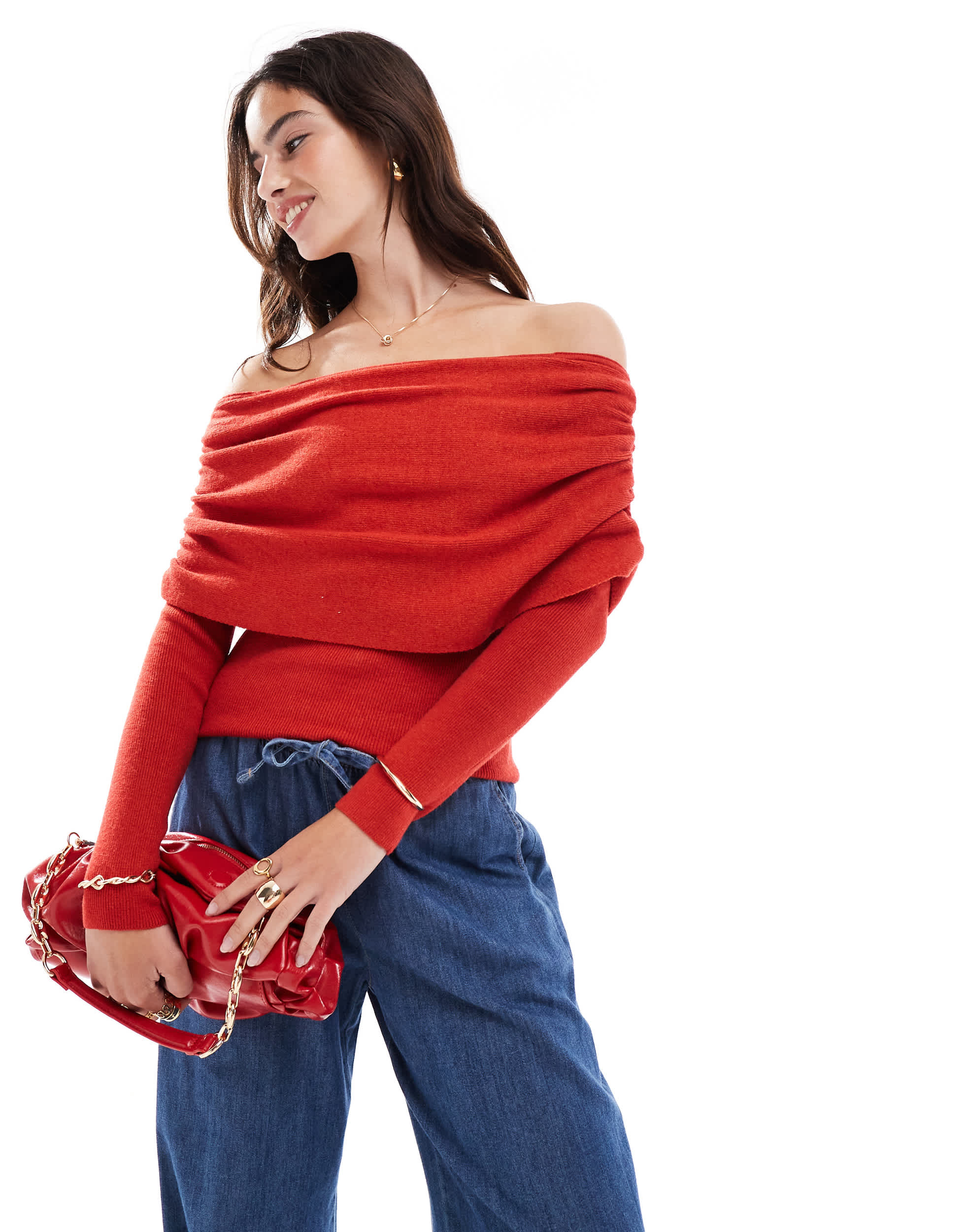 Cotton:On Everfine rib ruched off shoulder in red