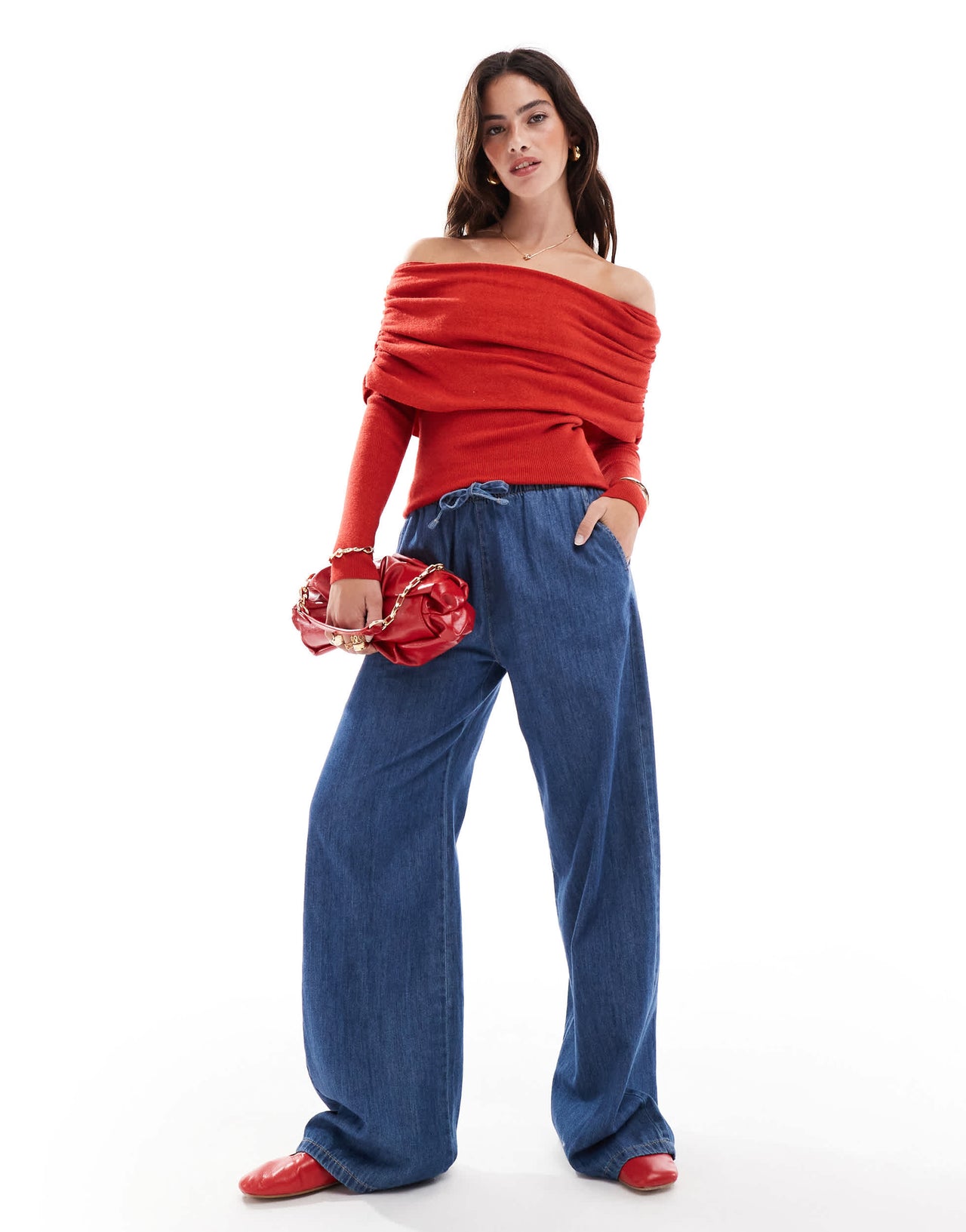 Cotton:On Everfine rib ruched off shoulder in red