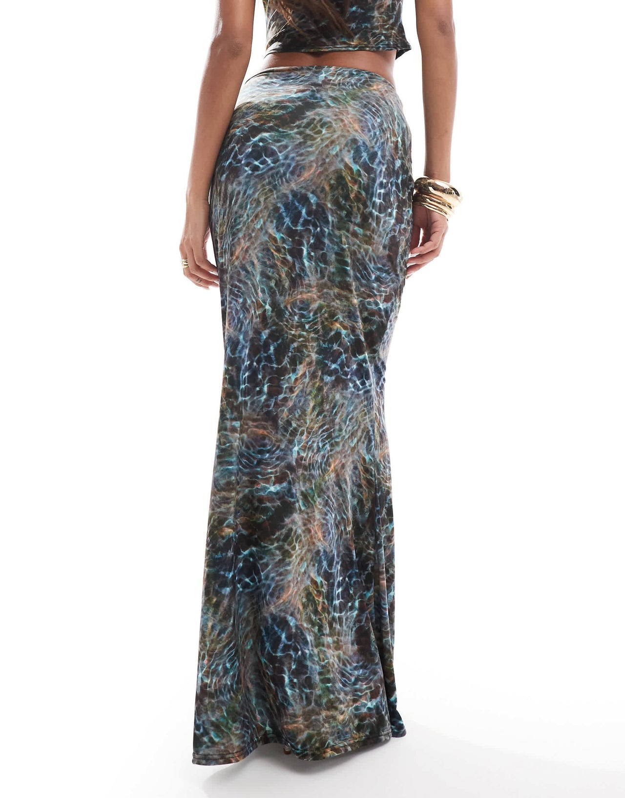 ASOS DESIGN co-ord slinky cut out hip maxi skirt in blue print