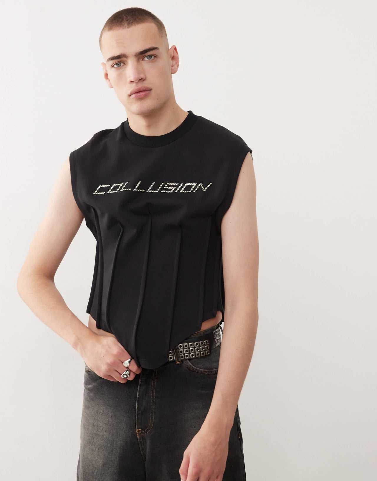 COLLUSION Corset shrunken black sweat tank with metal branding in black
