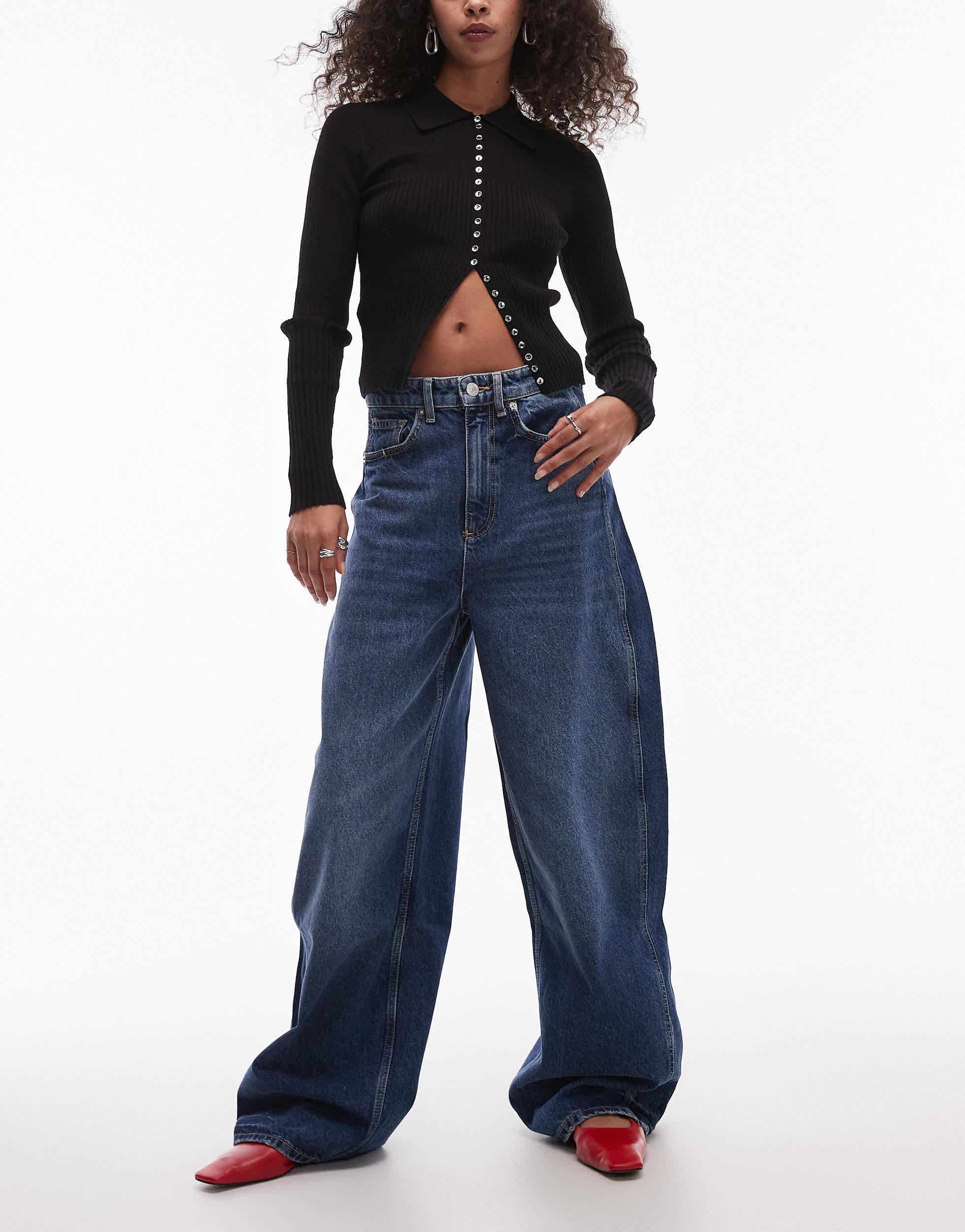 Mango wide leg jean with seam detail in medium blue