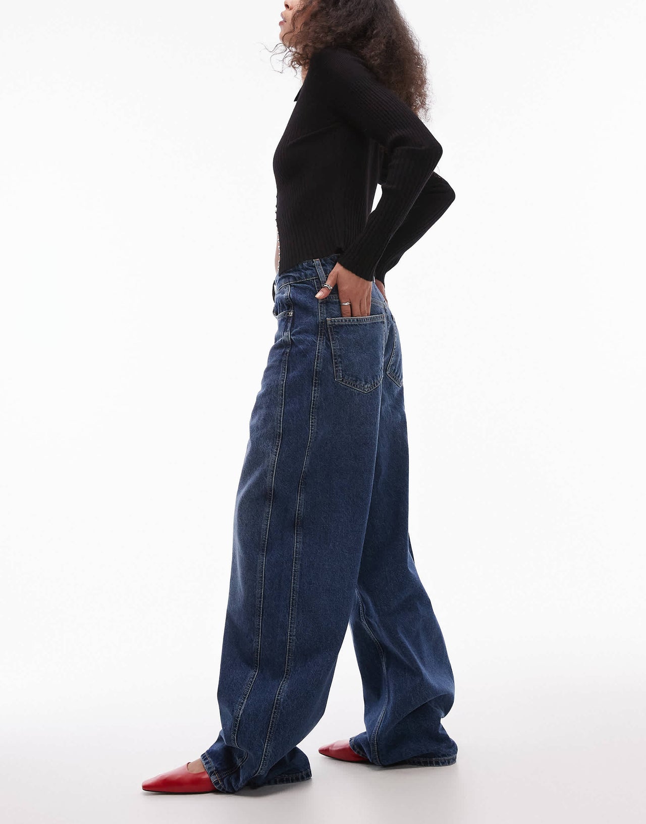 Mango wide leg jean with seam detail in medium blue