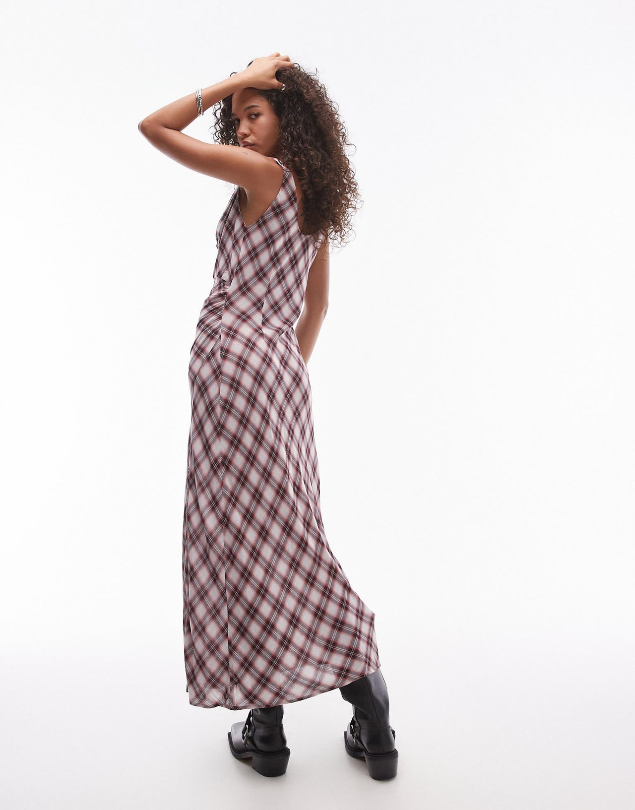 Mango cowl neck check print midi dress in red