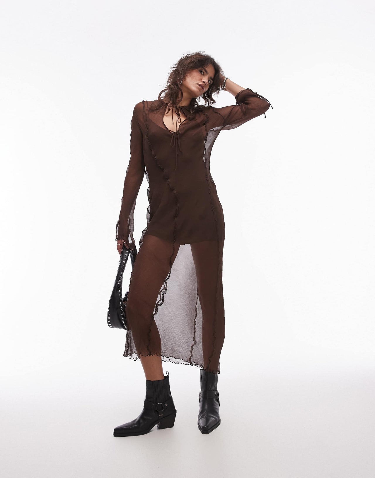 Mango mesh detail maxi dress in chocolate brown