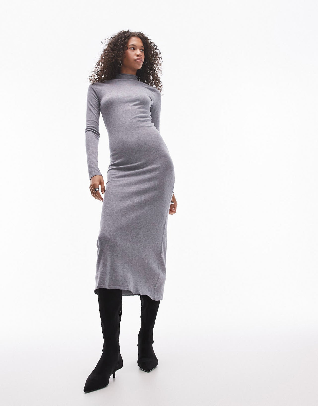 Mango high neck split side knitted maxi dress in grey