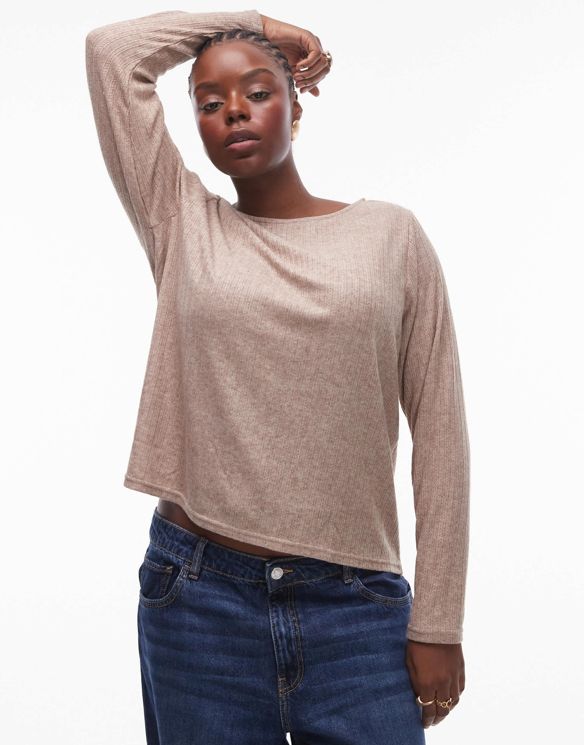 Mango curve mixed ribbed long sleeve top in beige