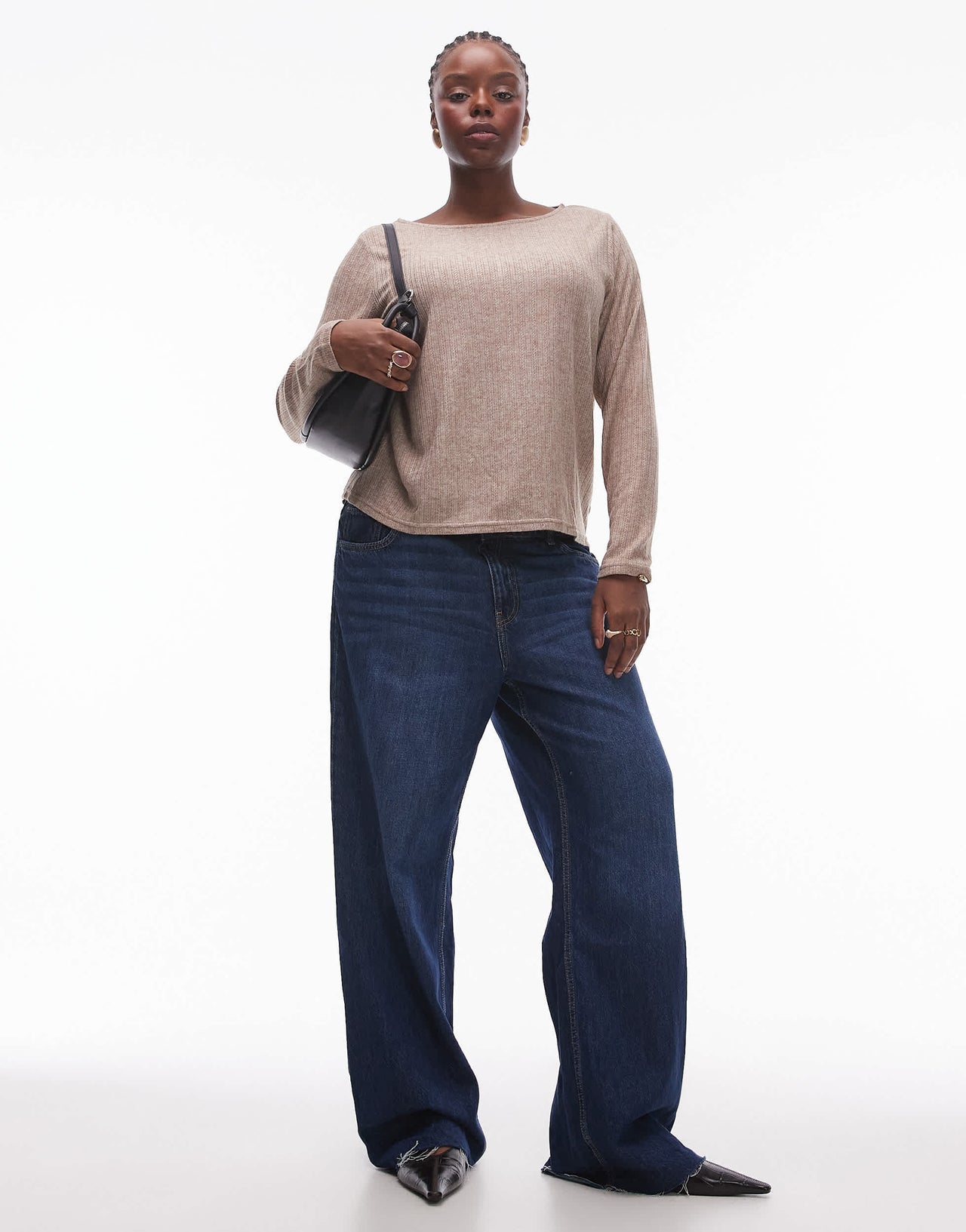 Mango curve mixed ribbed long sleeve top in beige