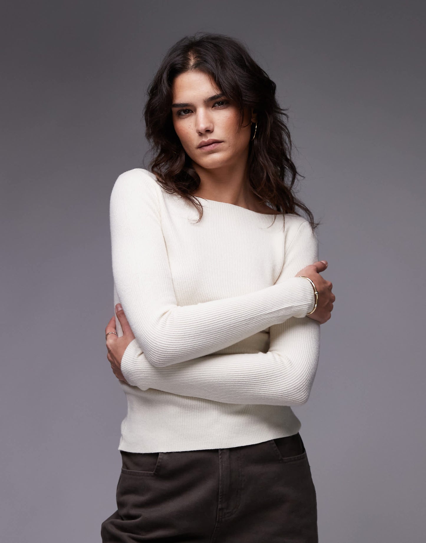 Mango boat neck knitted top in white
