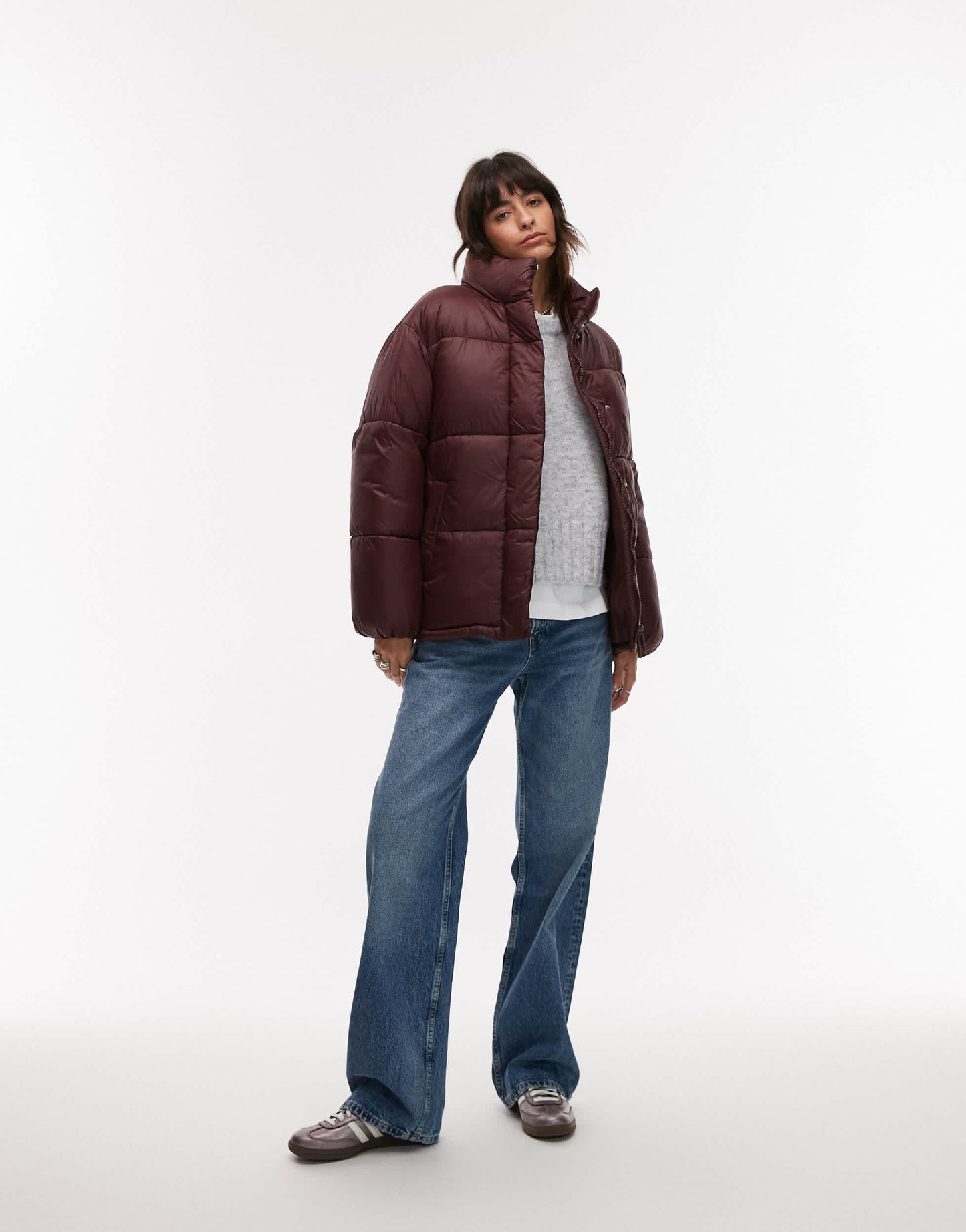Mango oversized relaxed collar puffer coat in burgundy
