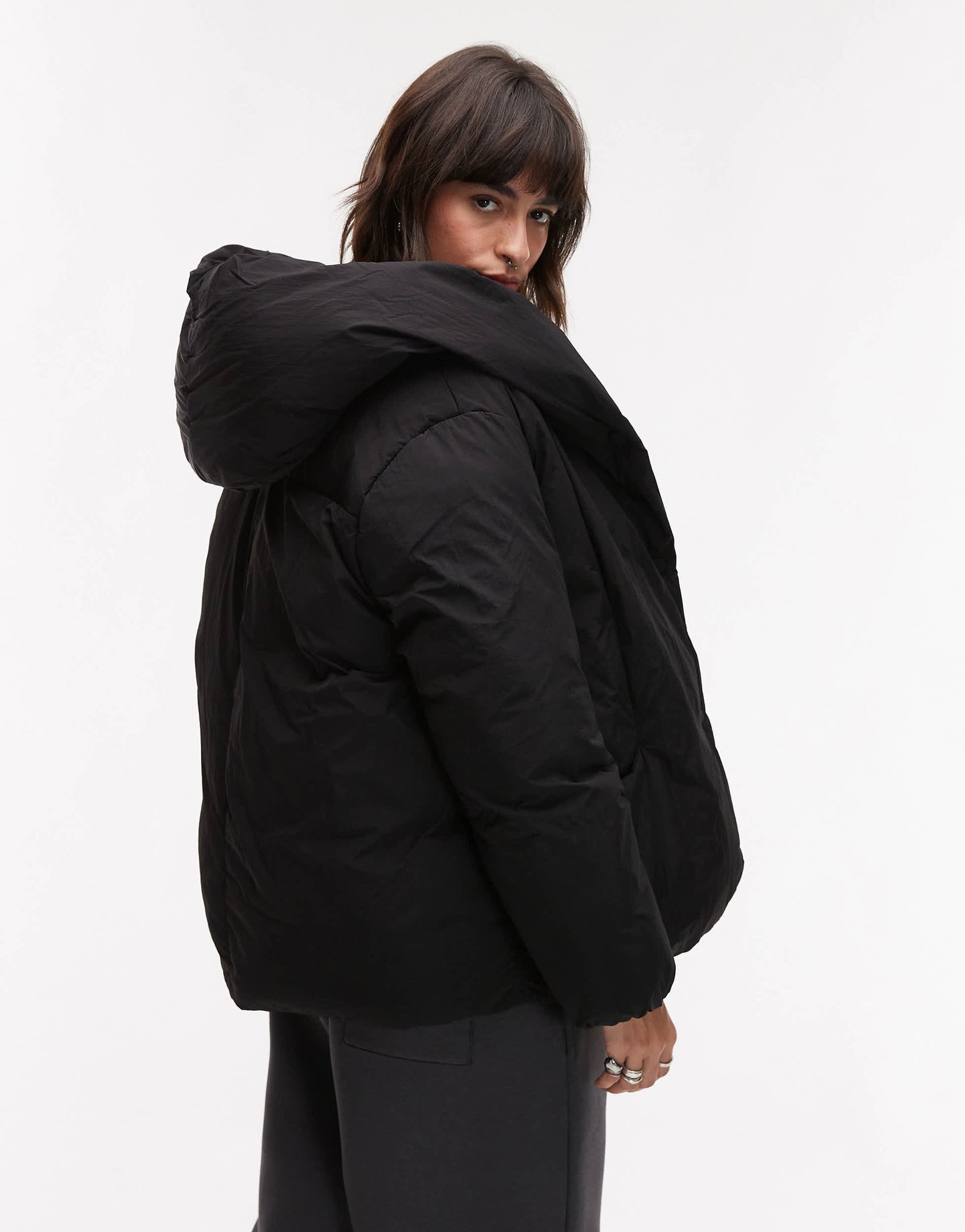 Mango oversized relaxed collar puffer coat in black