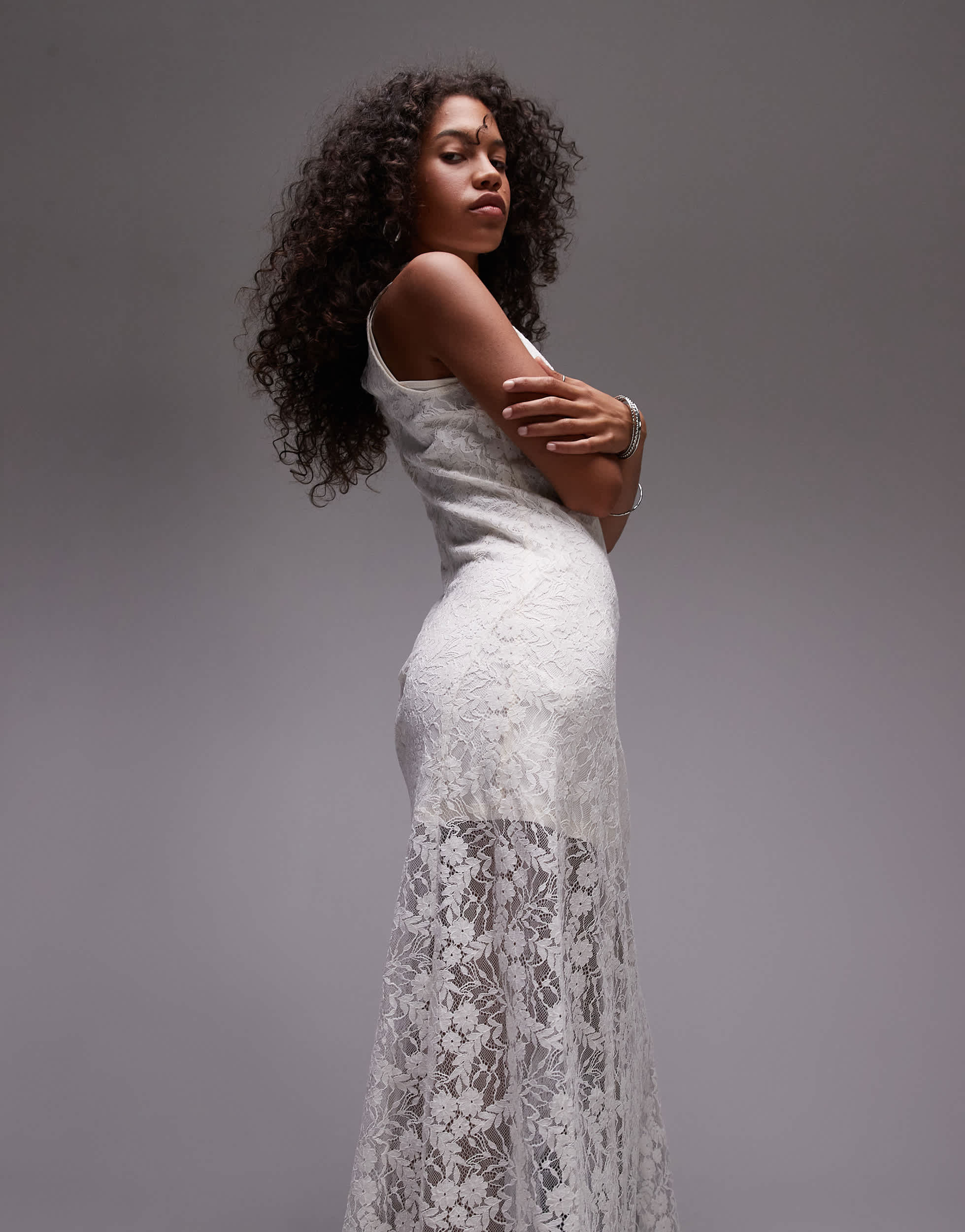Mango lace hem midi dress in white