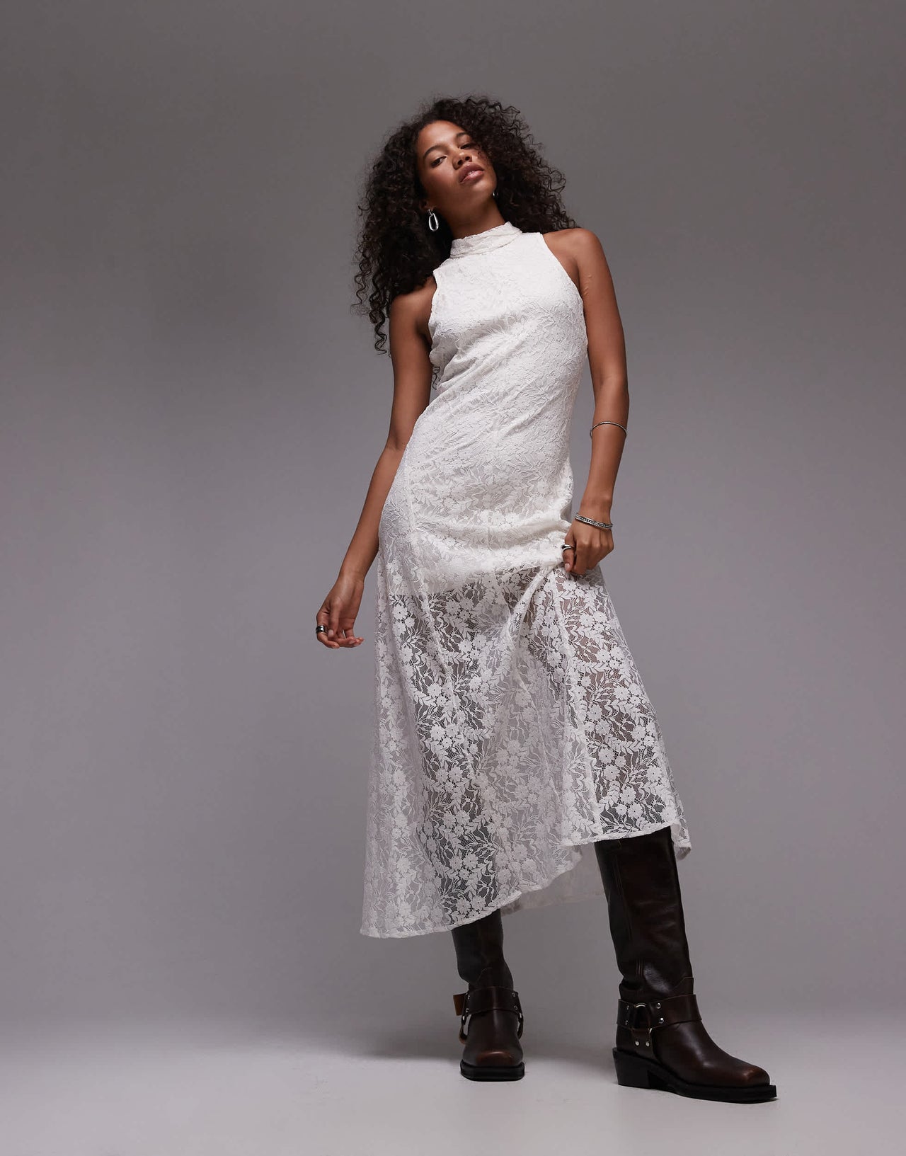 Mango lace hem midi dress in white