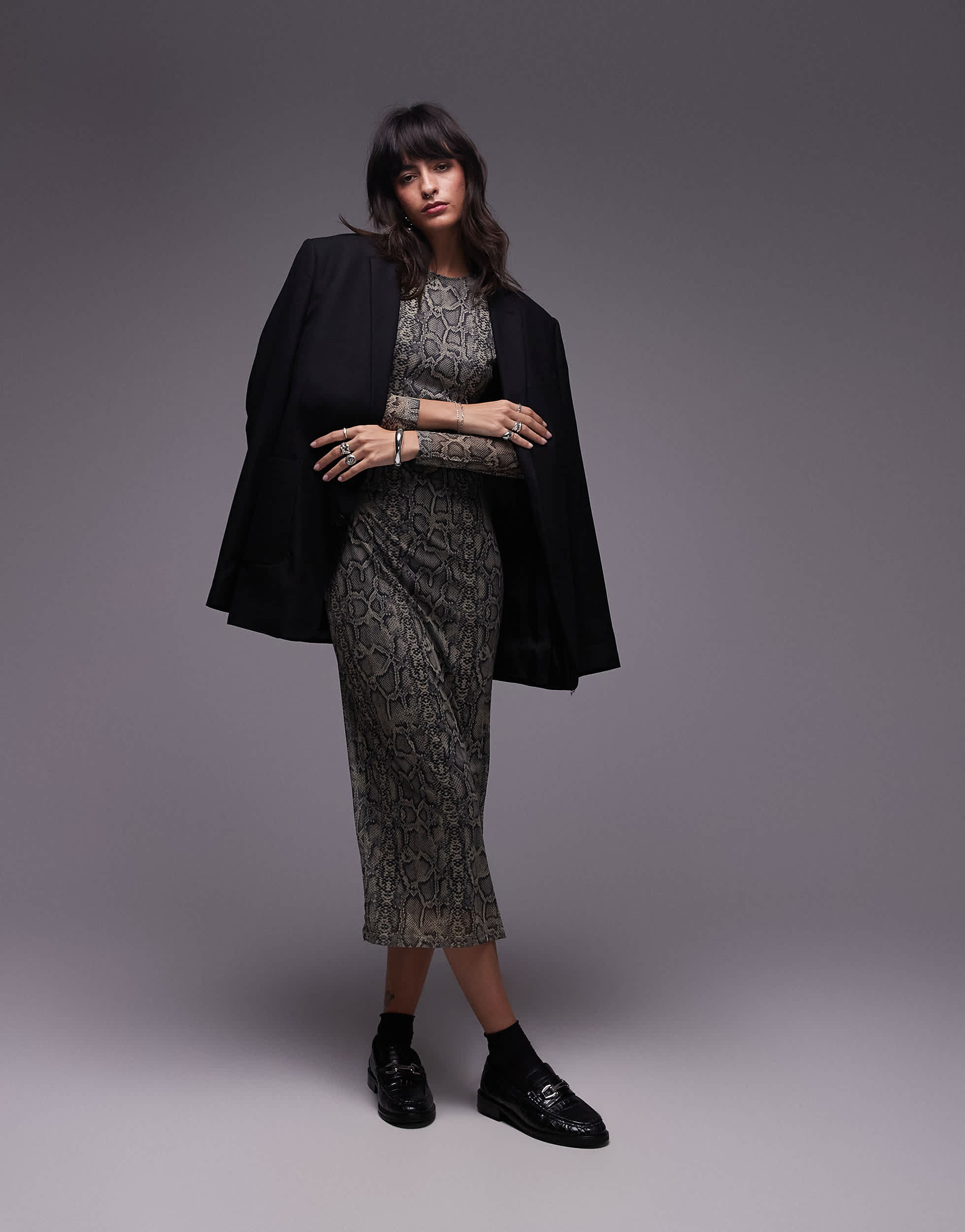 Mango mesh ruched side snake print midi dress in grey