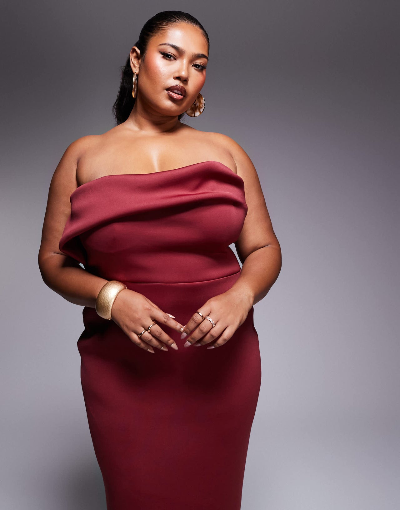 ASOS DESIGN Curve  structured bust detail midi dress in burgundy in scuba-style fabric