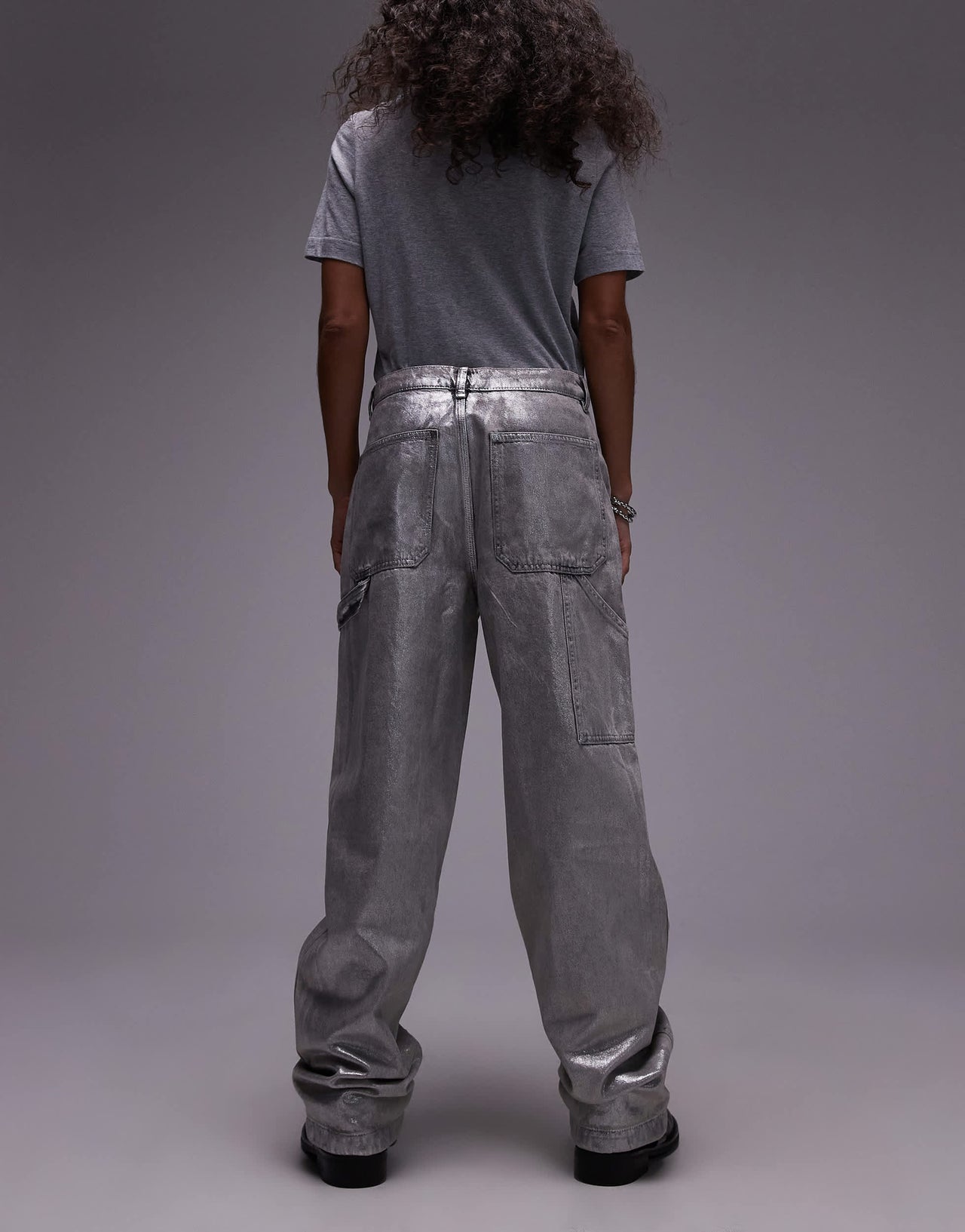 AllSaints Mia carpenter wide jeans in coated silver