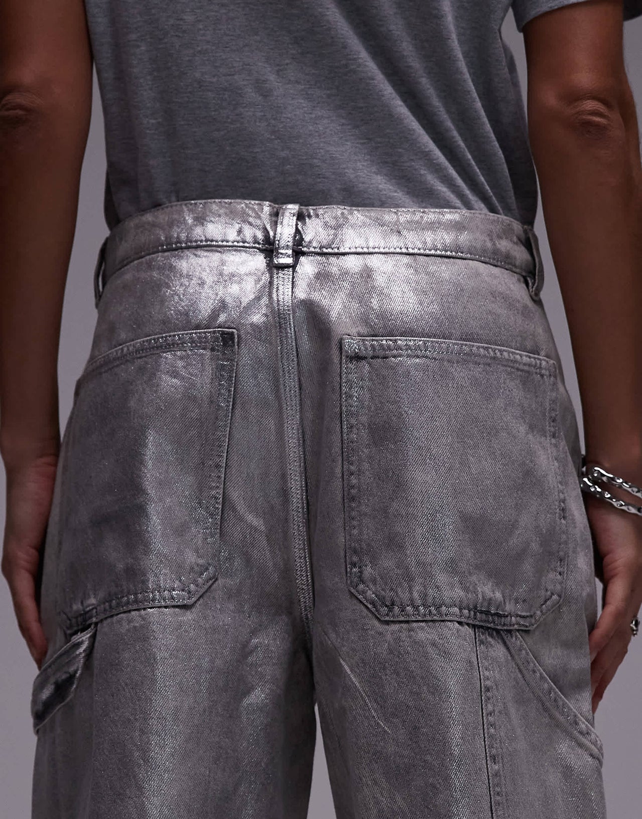 AllSaints Mia carpenter wide jeans in coated silver