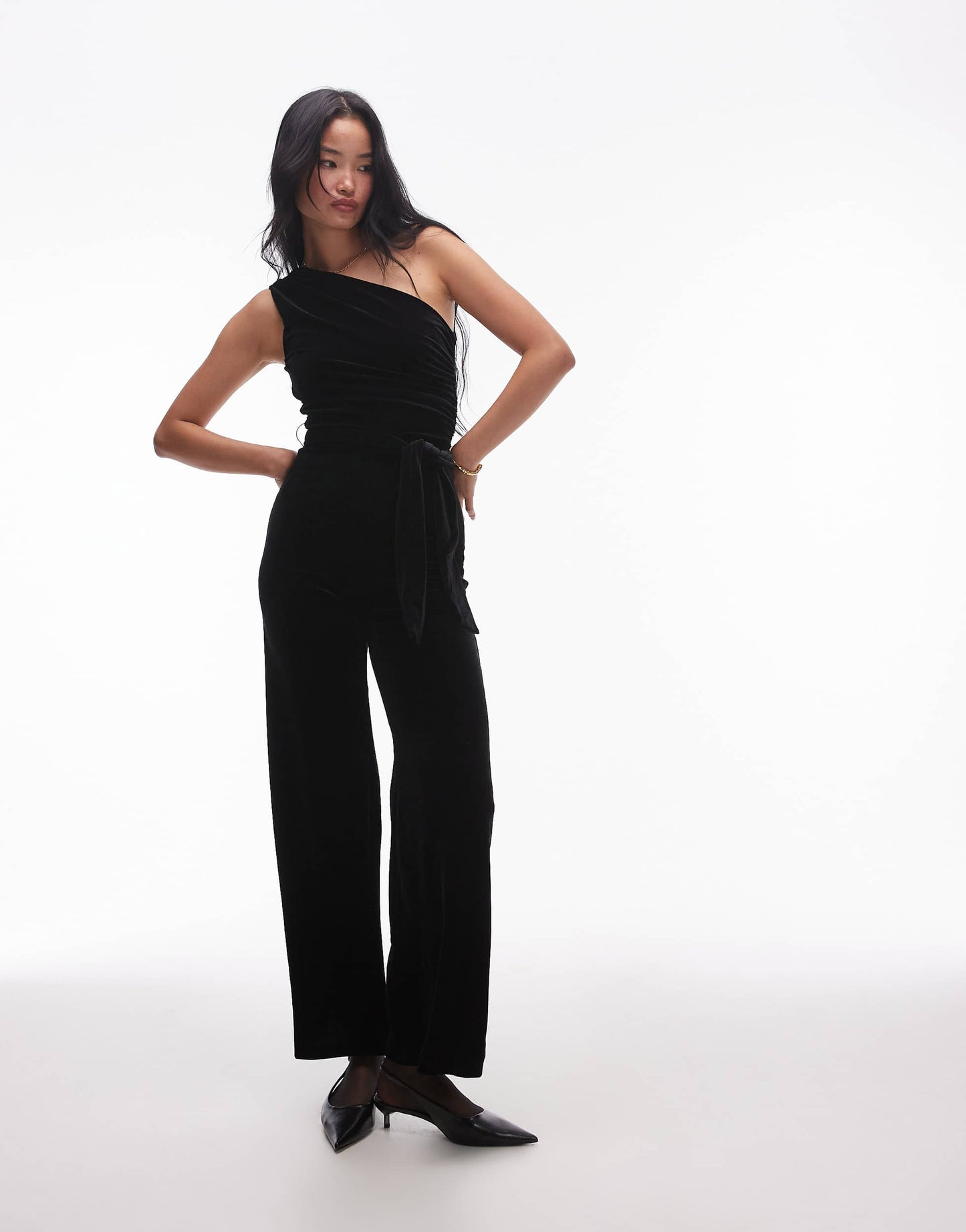 Mango one shoulder straight leg jumpsuit in black