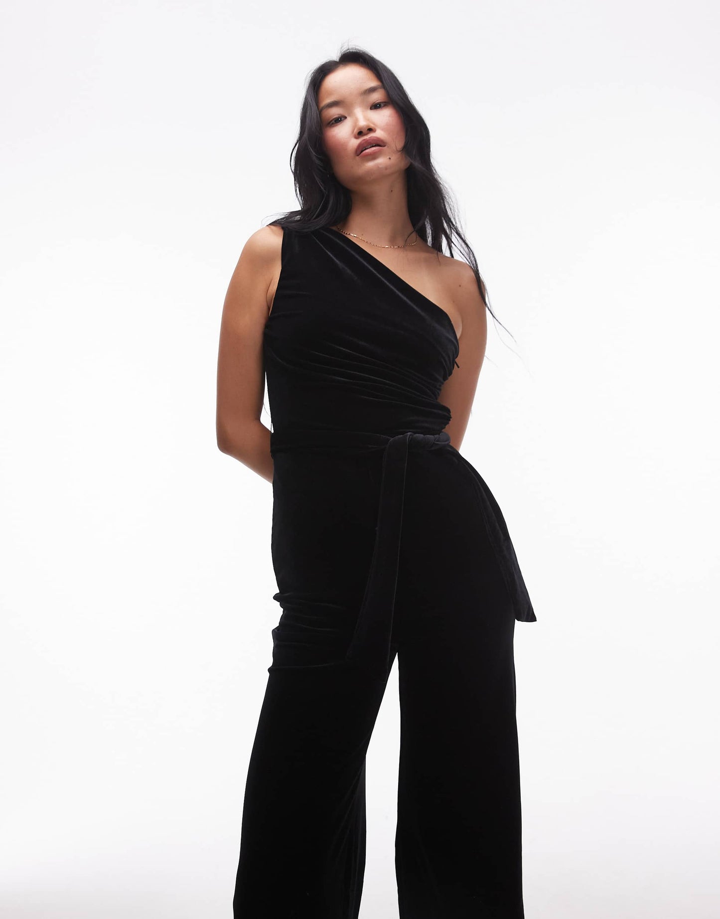 Mango one shoulder straight leg jumpsuit in black