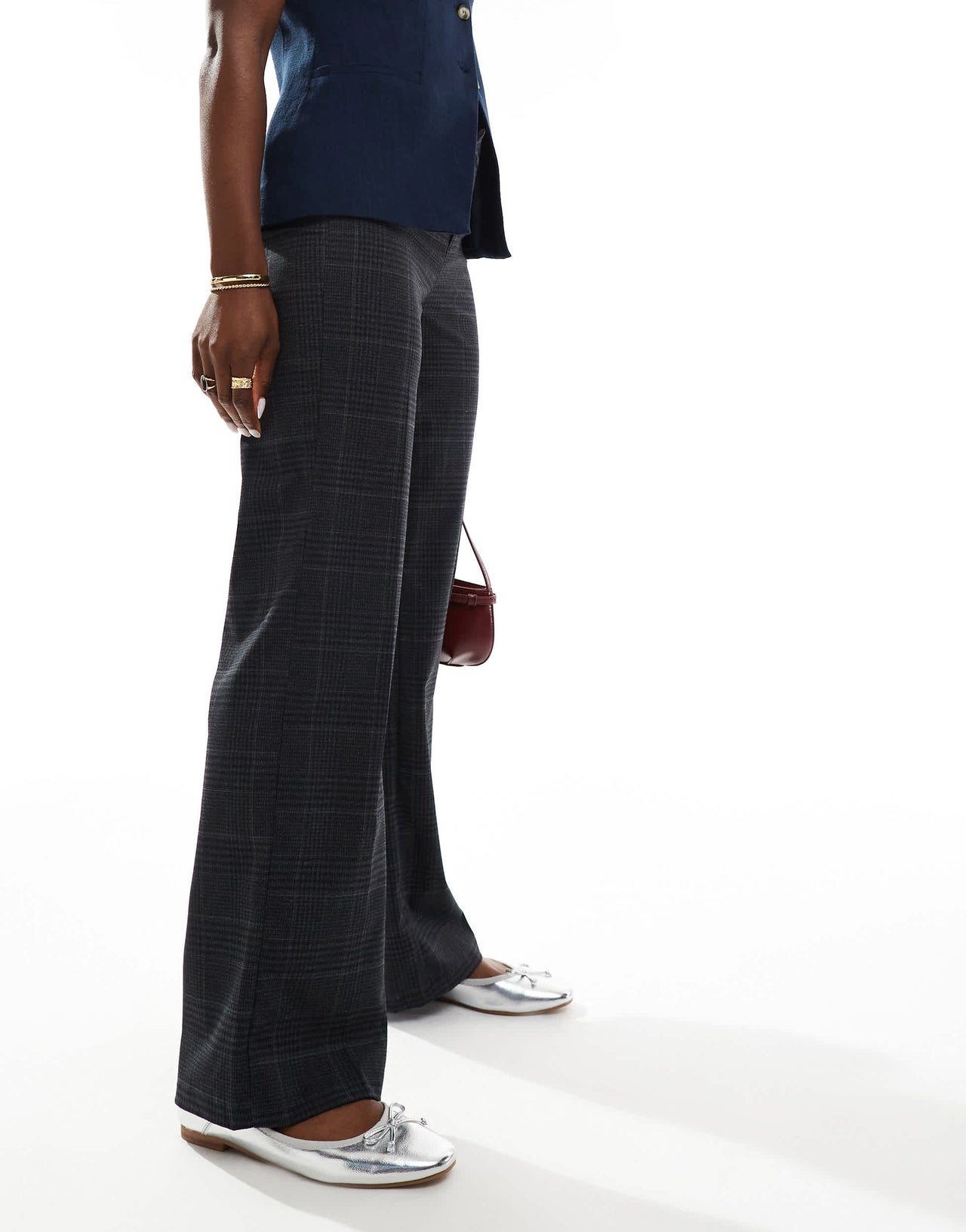 Bershka wide leg tailored trousers in grey check