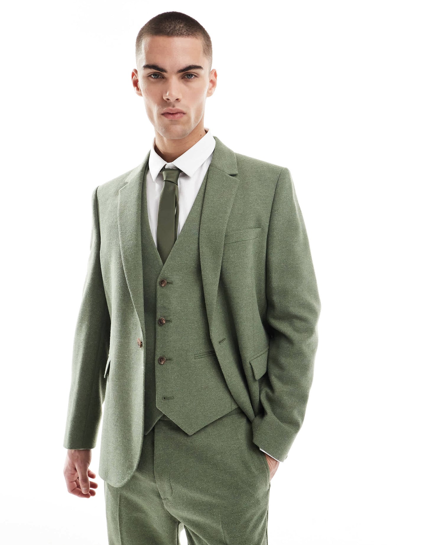 ASOS DESIGN slim suit jacket with wool in green herringbone