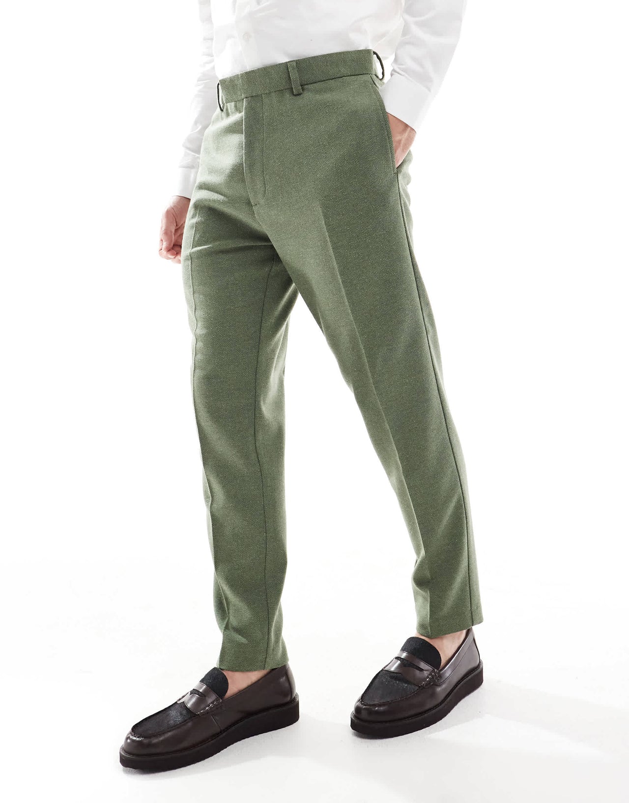 ASOS DESIGN tapered suit trousers with wool in green herringbone