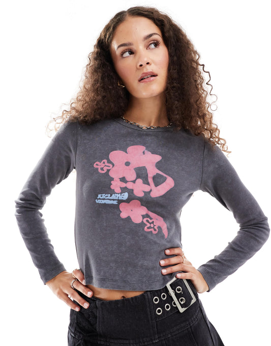 Reclaimed Vintage long sleeve rib top with floral print in washed charcoal