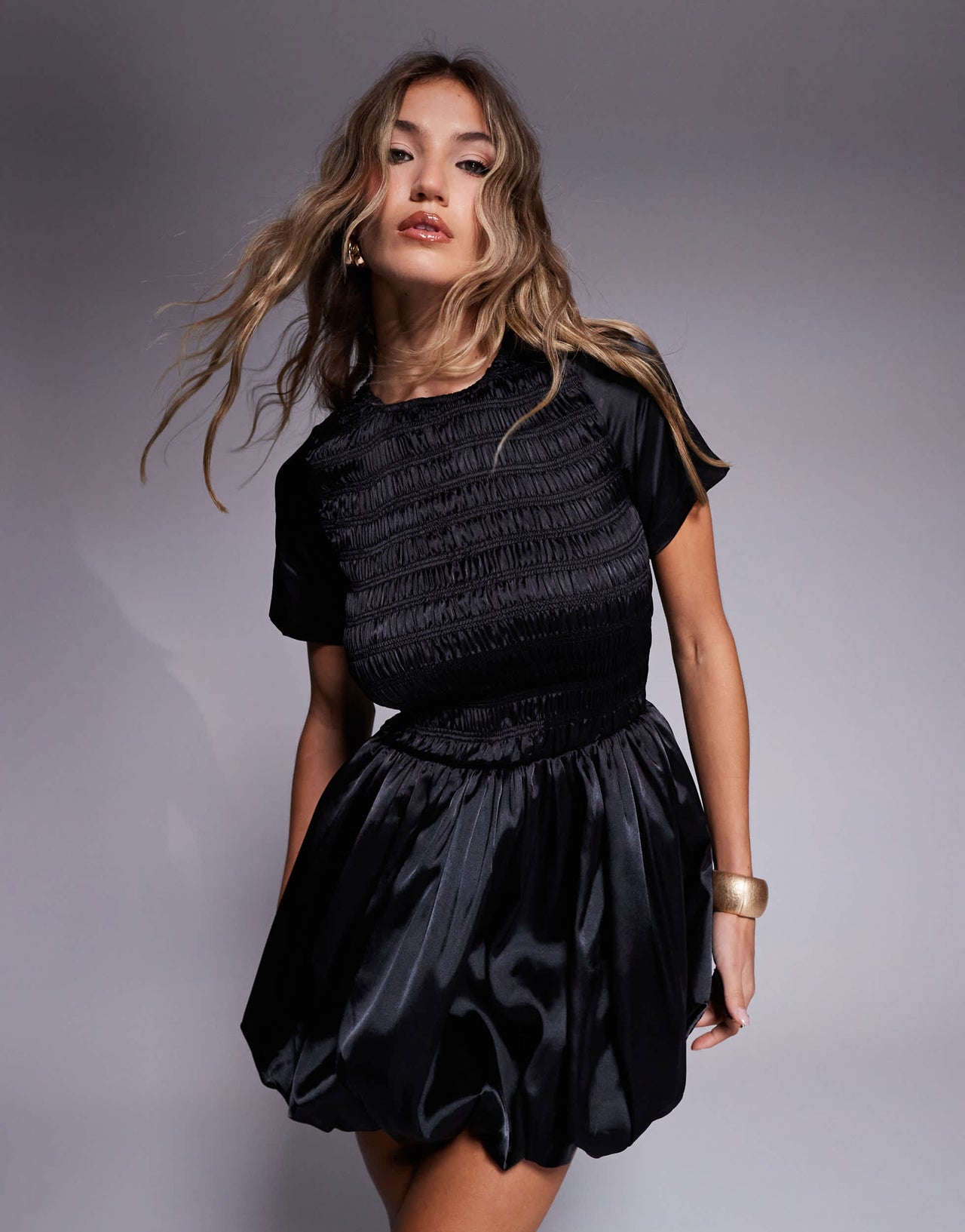 Amy Lynn Elenor shirred short sleeve puffball ultra mini dress in black satin