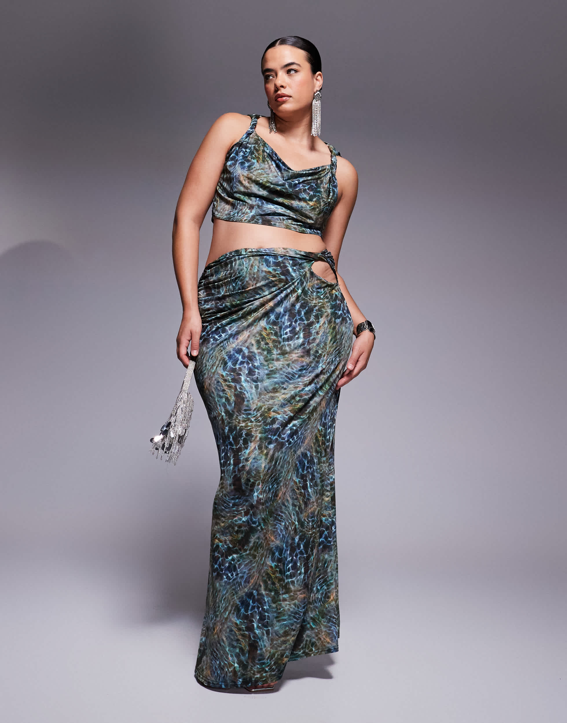 ASOS DESIGN Curve co-ord slinky cut out hip maxi skirt in blue print