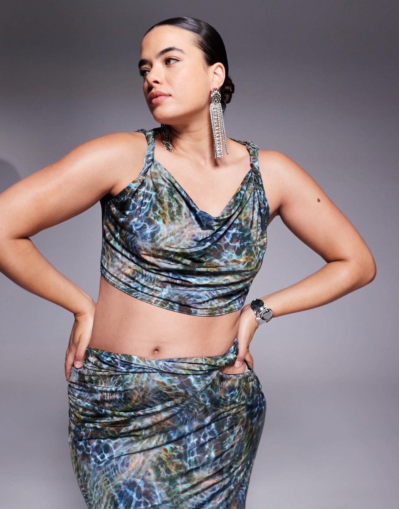 ASOS DESIGN Curve co-ord slinky twist shoulder top in blue print