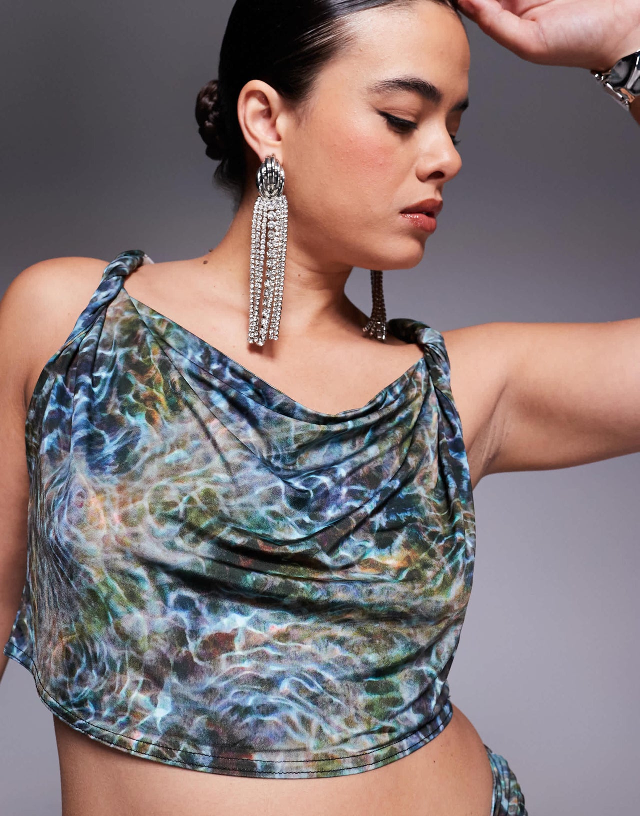 ASOS DESIGN Curve co-ord slinky twist shoulder top in blue print