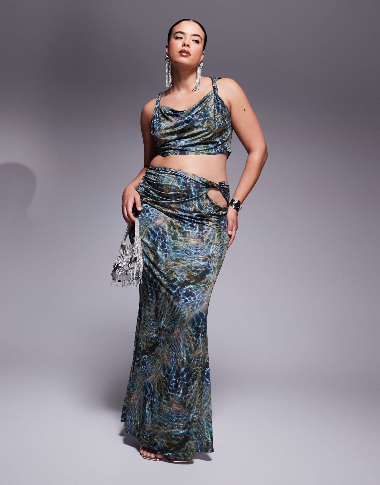 ASOS DESIGN Curve co-ord slinky twist shoulder top in blue print