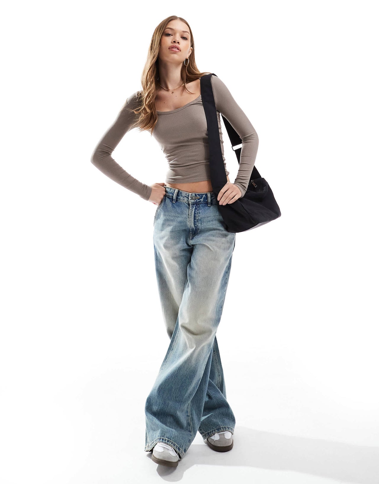 Cotton:On Staple rib scoop neck long sleeve top in brown
