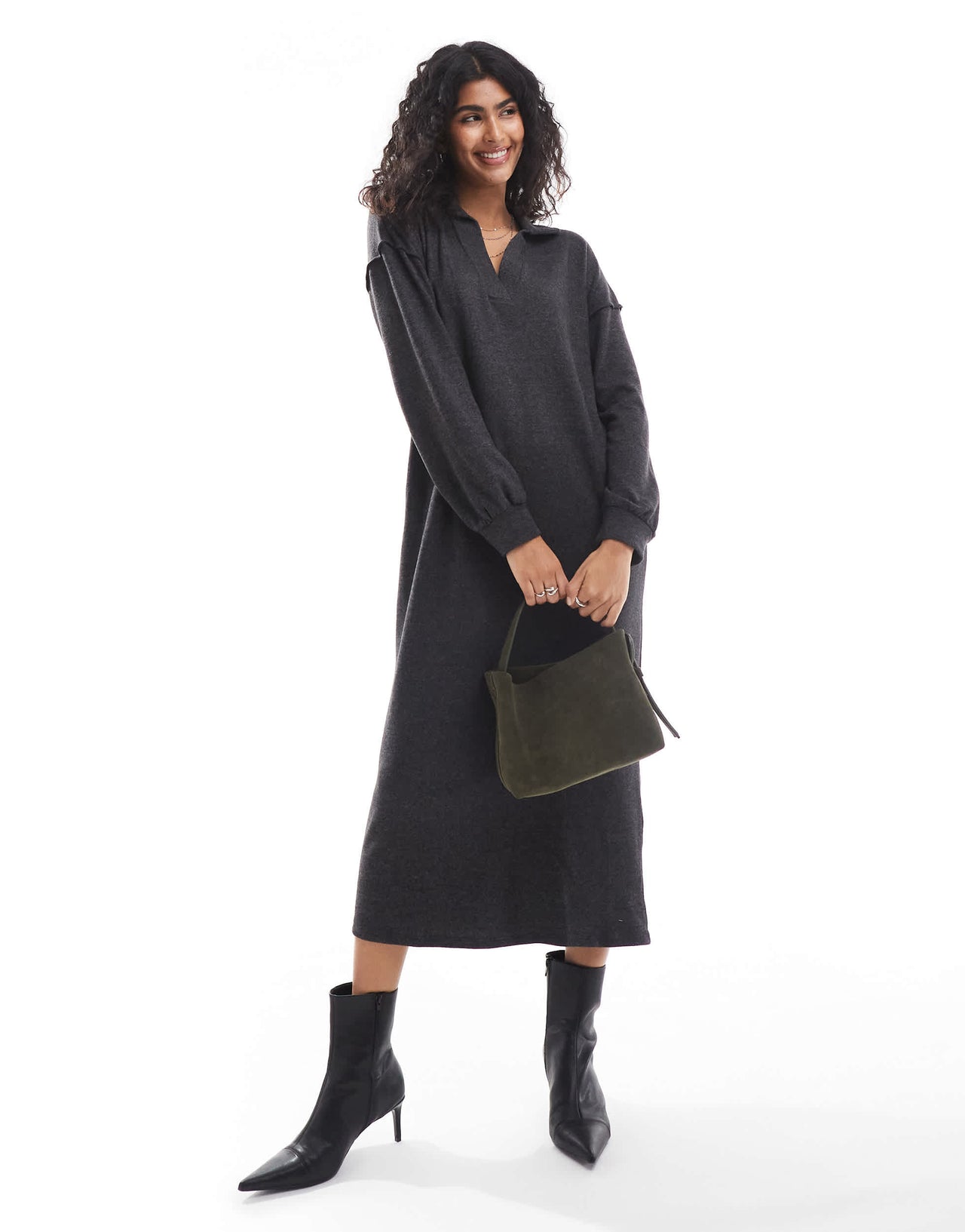 Vero Moda supersoft polo neck ankle dress in black melange