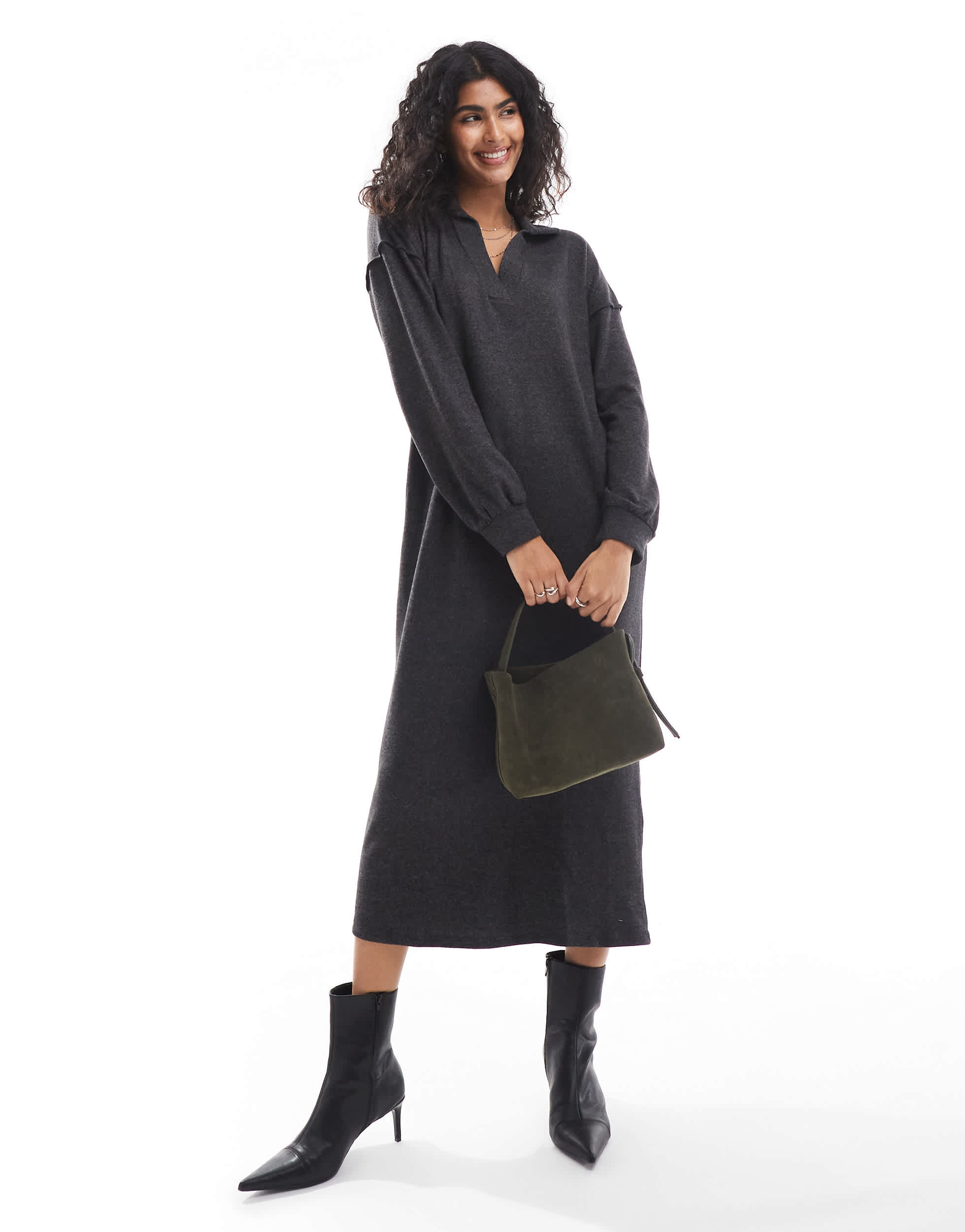 Vero Moda supersoft polo neck ankle dress in black melange