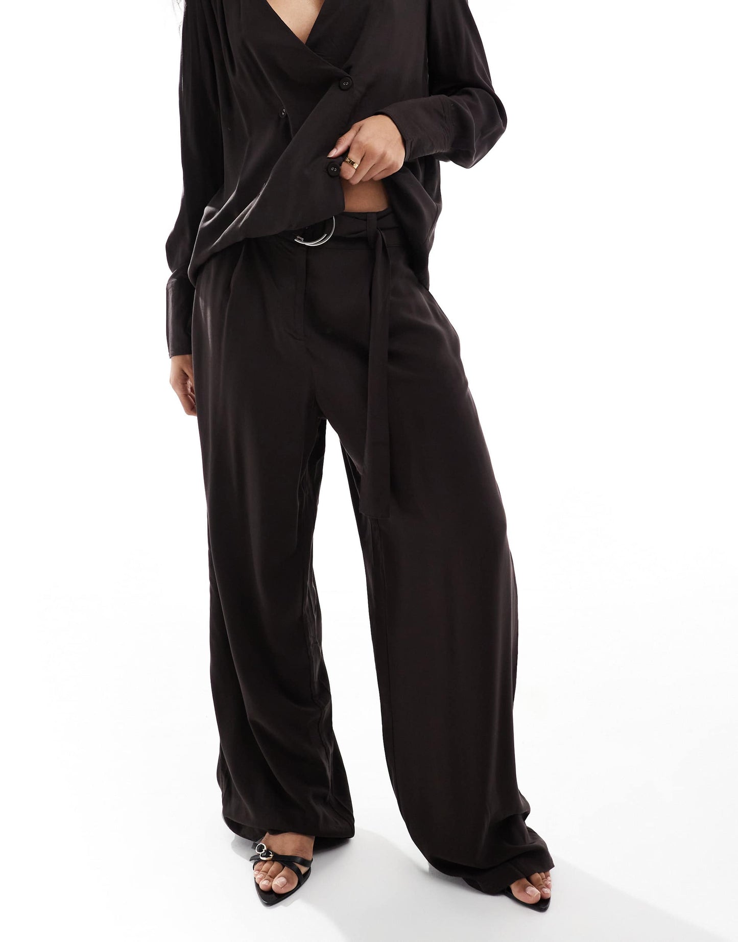 Vero Moda pleat front satin trouser co-ord in chocolate