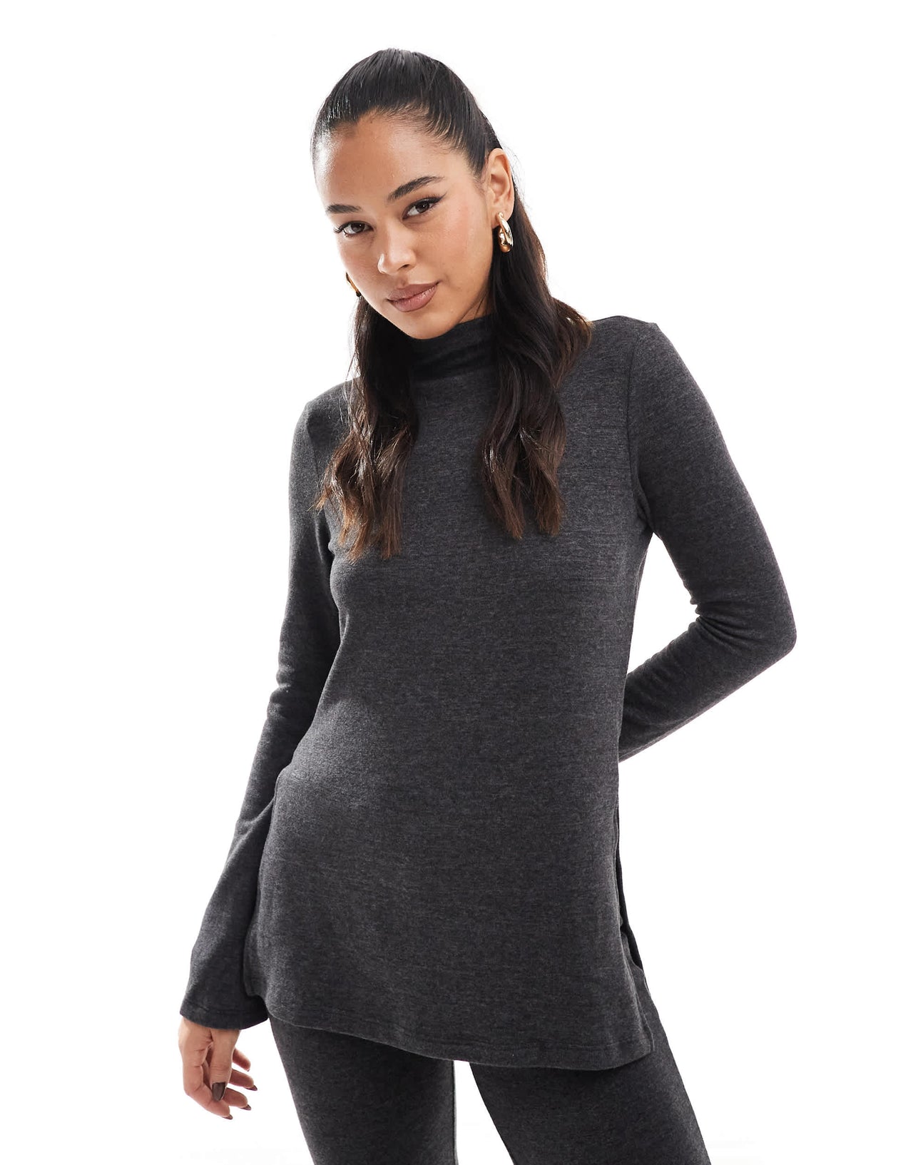 Vero Moda mix and match supersoft side split top in black melange