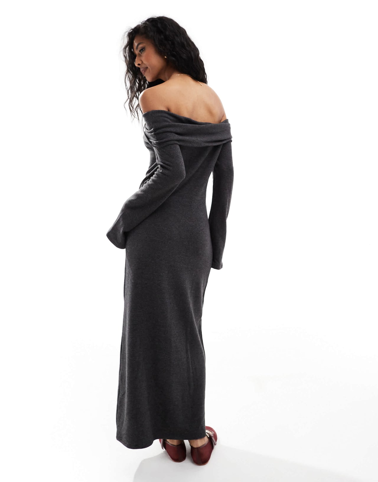 Vero Moda supersoft off shoulder ankle dress in black melange