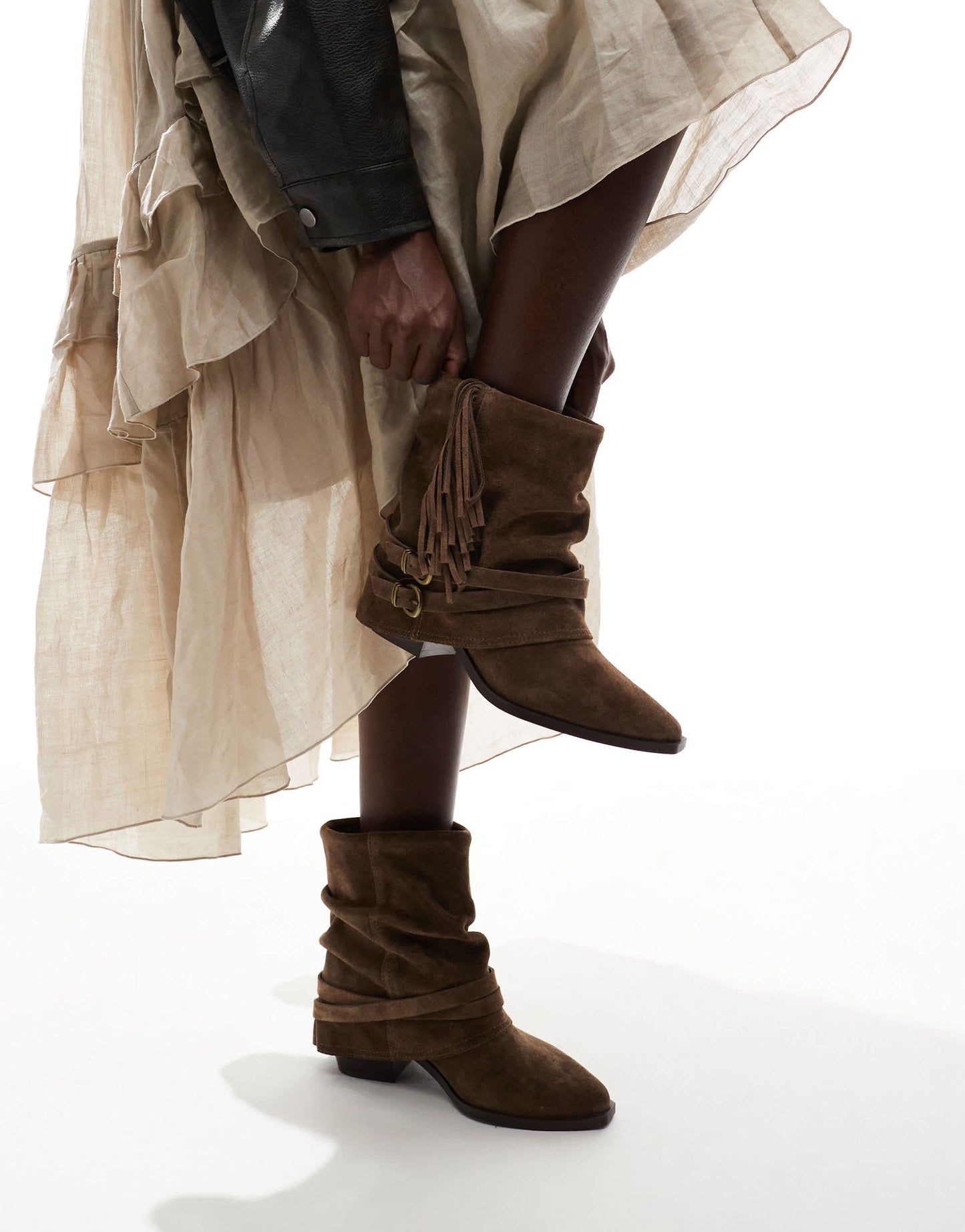 Stradivarius slouchy short boot in dark brown