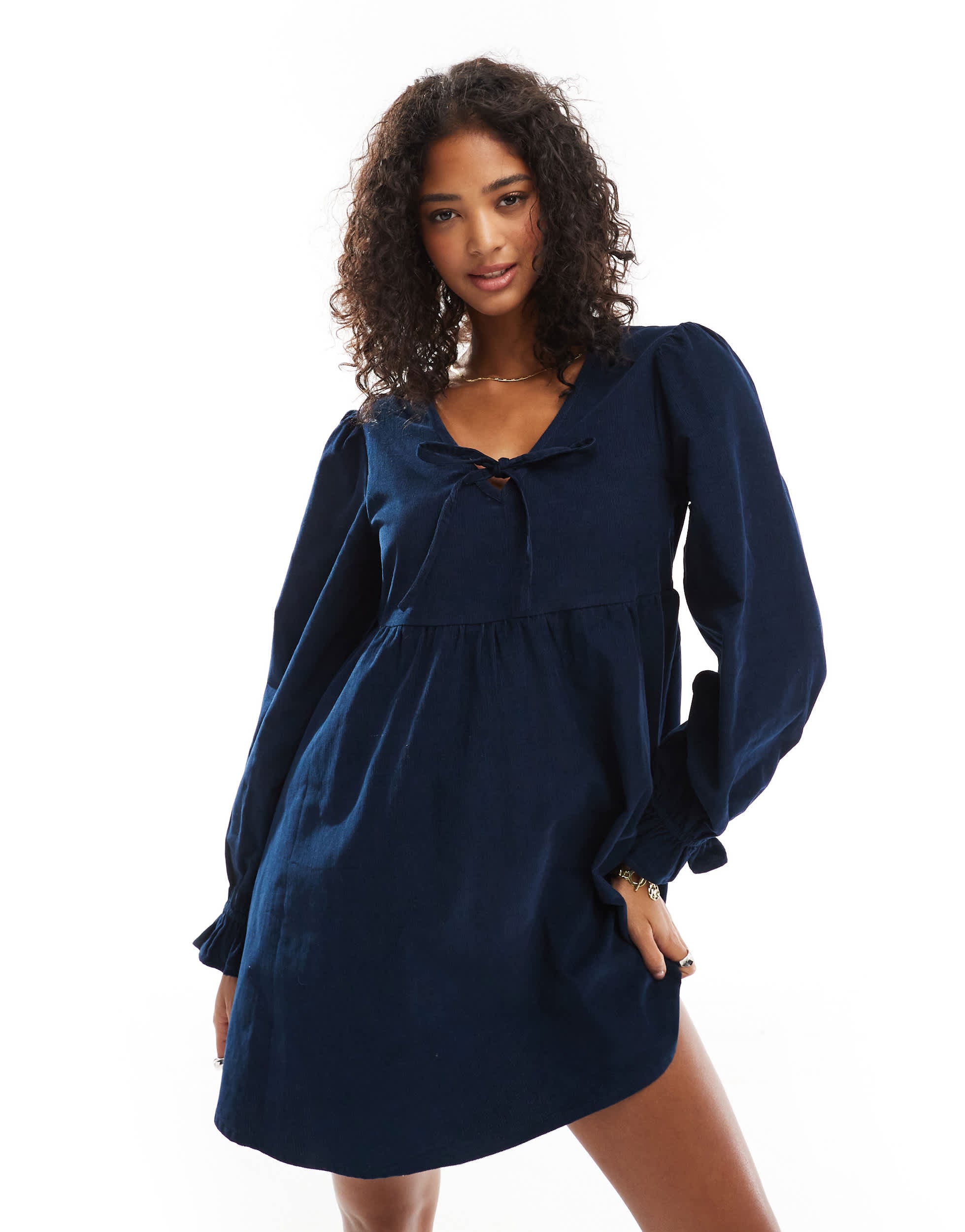 Wednesday's Girl cord bow front mini smock dress in deep navy