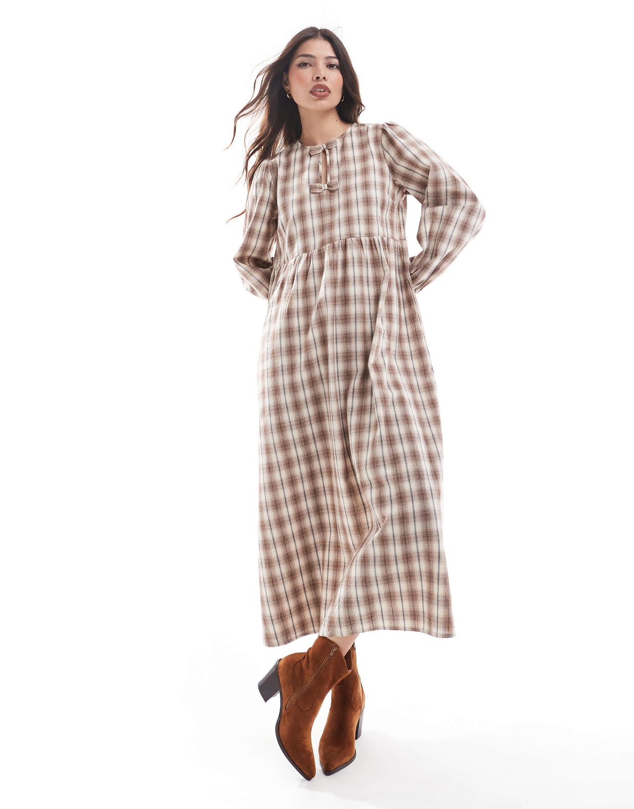 Wednesday's Girl check smock midaxi dress in grey