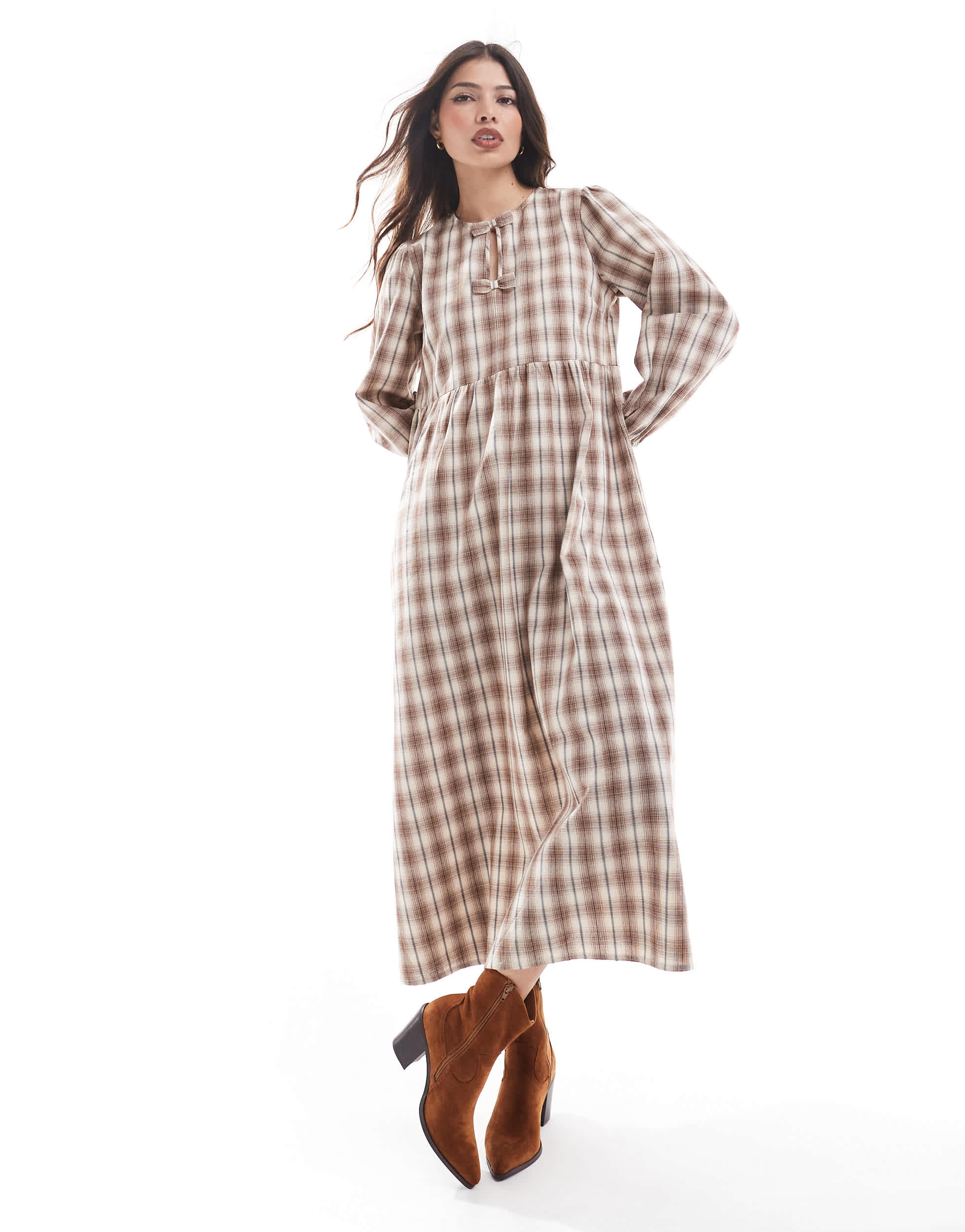 Wednesday's Girl check smock midaxi dress in grey