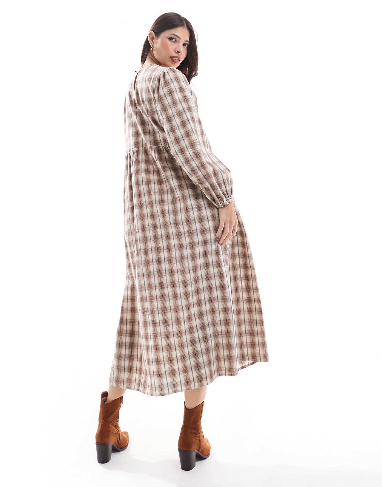 Wednesday's Girl check smock midaxi dress in grey