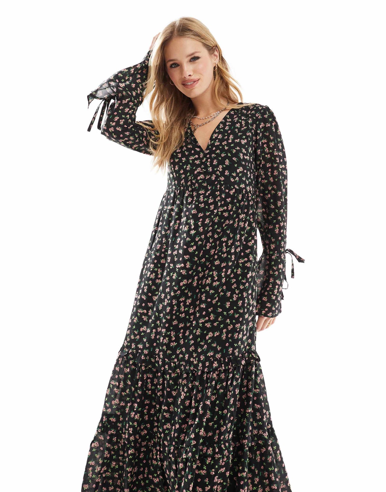 Wednesday's Girl grunge floral floaty midaxi dress in black